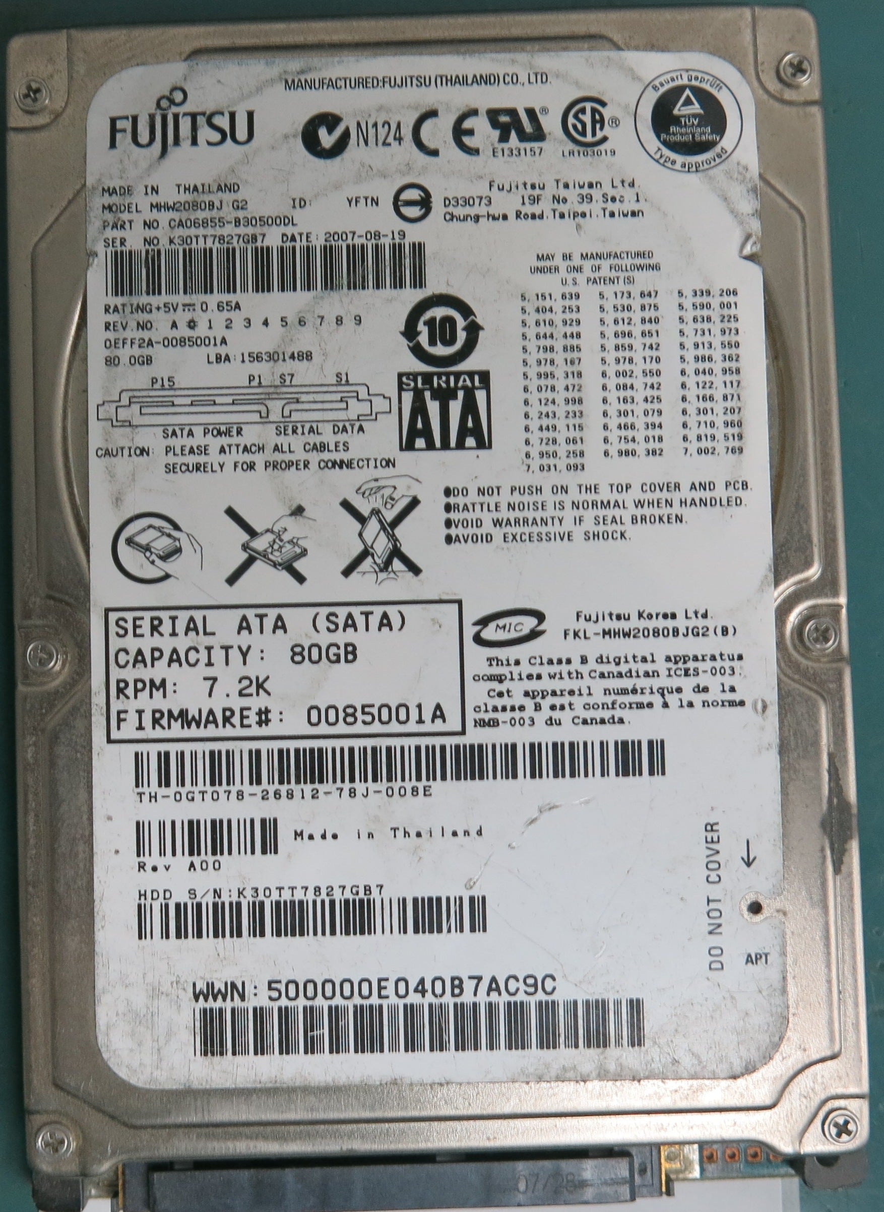 MHW2080BJ G2, Serial Number: K30TT7827GB7, 80GB 2.5