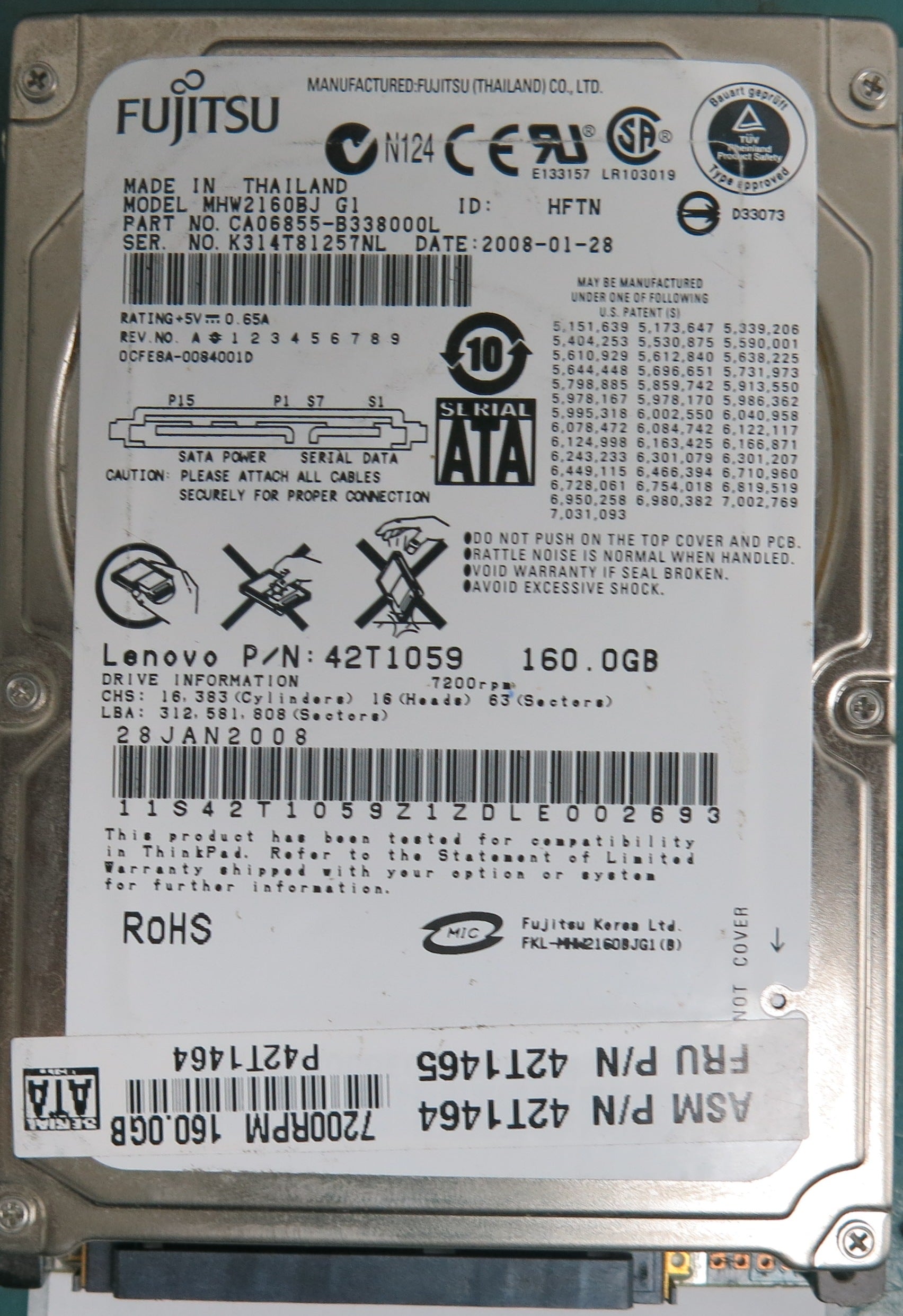 MHW2160BJ G1, P/N:42T1059, 160GB 2.5