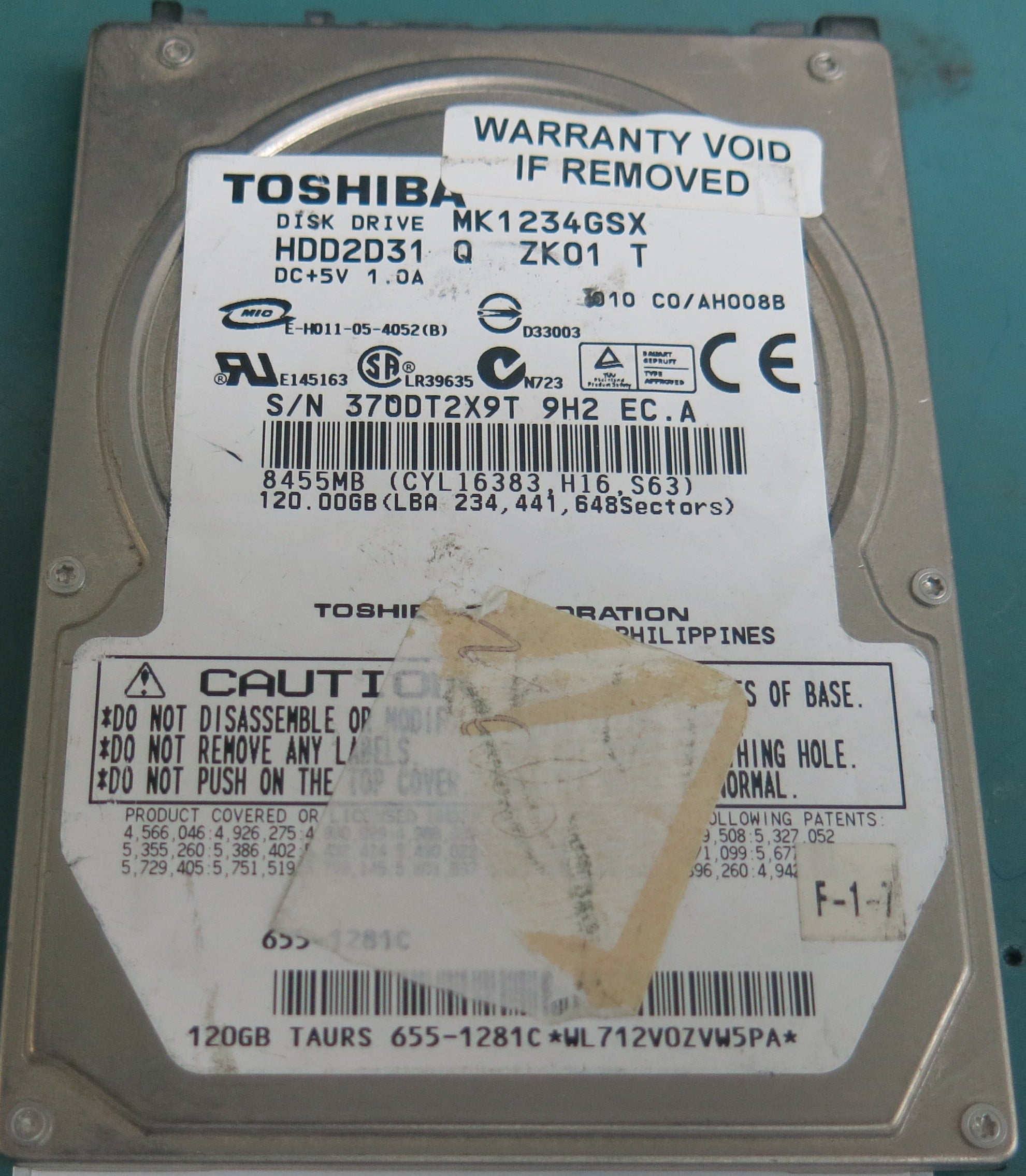 MK1234GSX,  120GB, 2.5,  PCB: TG5B001590000-A,  S/N: 370DT2X9T 9H2 EC.A,