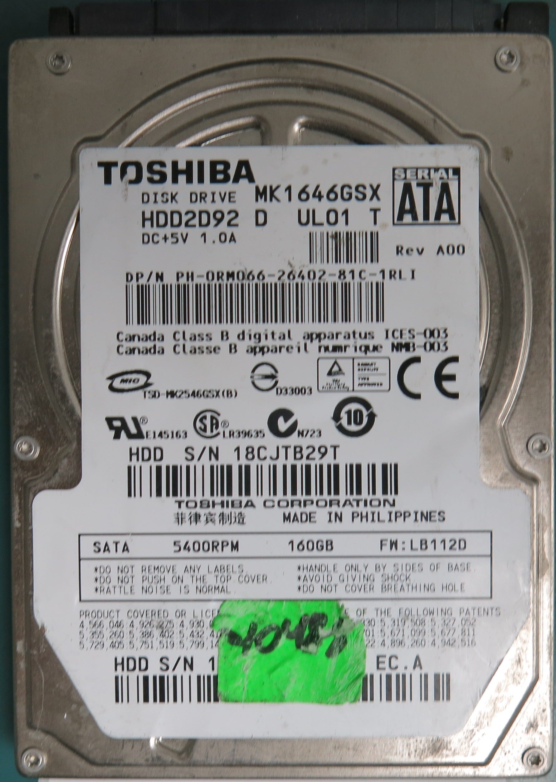 MK1646GSX, 160GB 2.5, PCB: G002217A, S/N:18CJTB29T BM1 EC.A,