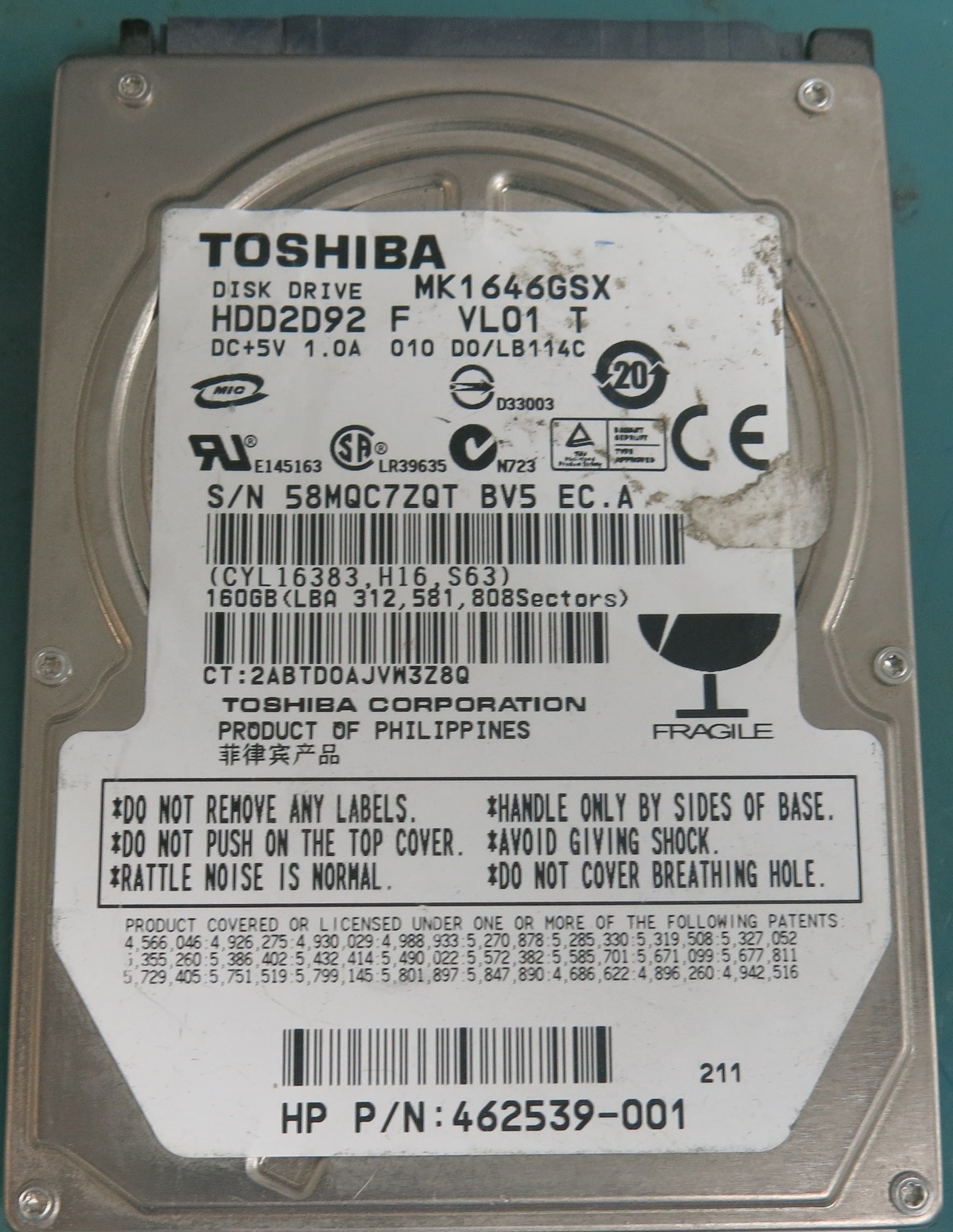MK1646GSX,  160GB, 2.5,  PCB: G002217A,  S/N: 58MQC7ZQT BV5 EC.A,