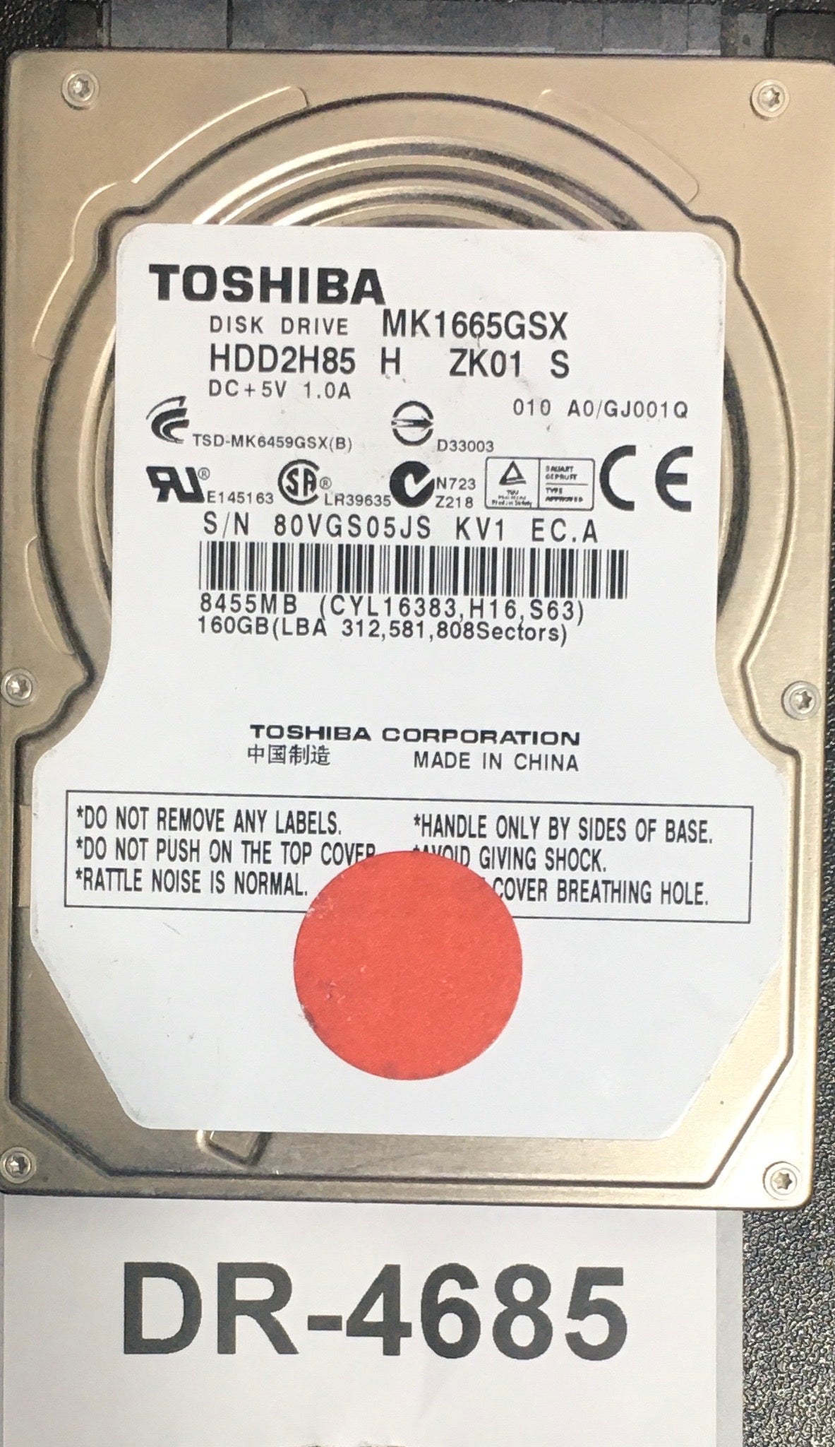 MK1665GSX,  Serial: 80VGS05JS KV1 EC.A,  160GB 2.5,  PCB :G002641A,
