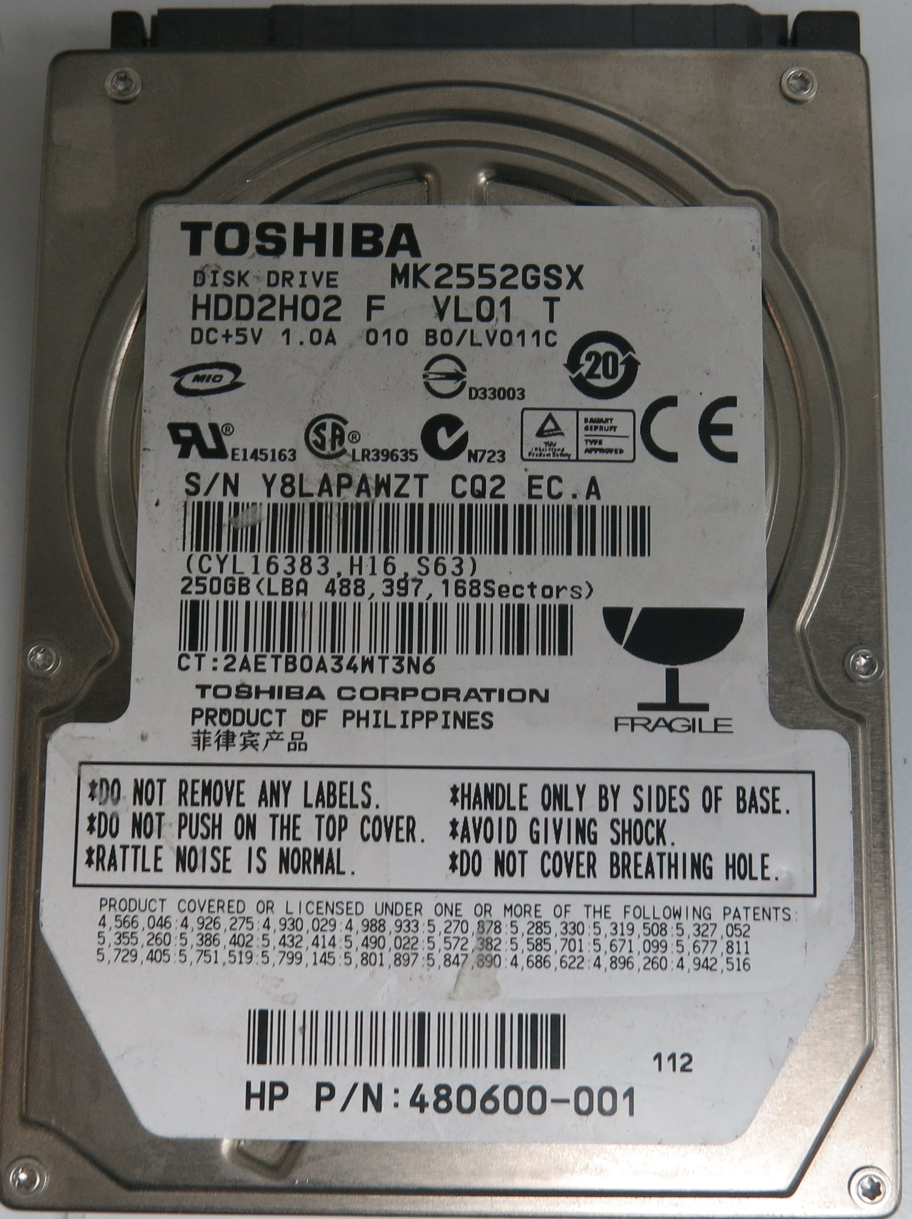 MK2552GSX,  250GB 2.5,  PCB: G002217A,  S/N: Y8LAPAWZT CQ2 EC.A,