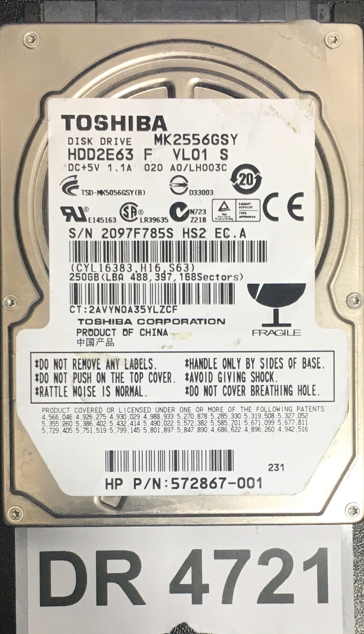 MK2556GSY,  Serial: 2097F785S HS2 EC.A,  250GB 2.5,  PCB :G002587-0A,