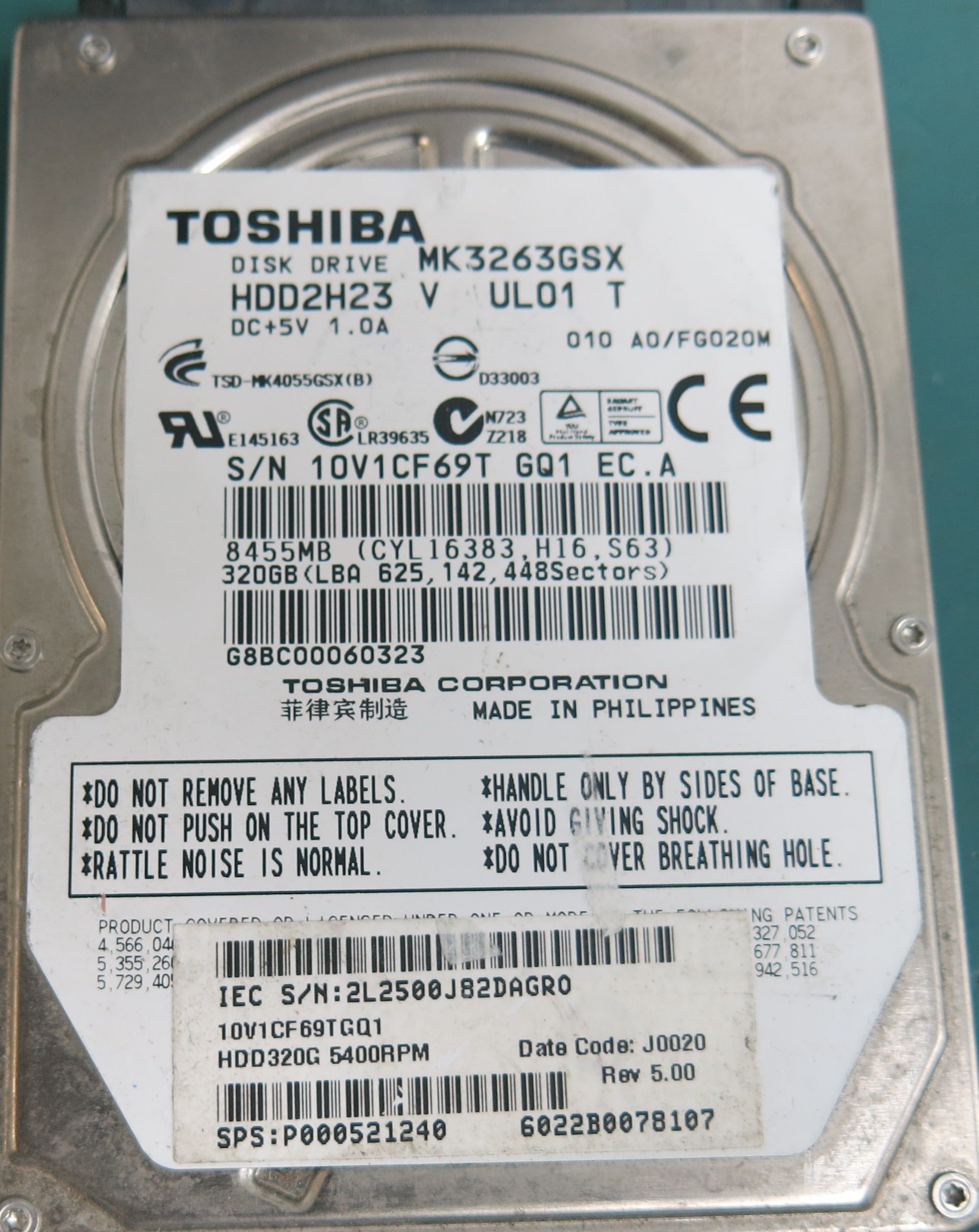 MK3263GSX,  350GB,  PCB: G002439-0A,  S/N: 10V1CF69T GQ1 EC.A,