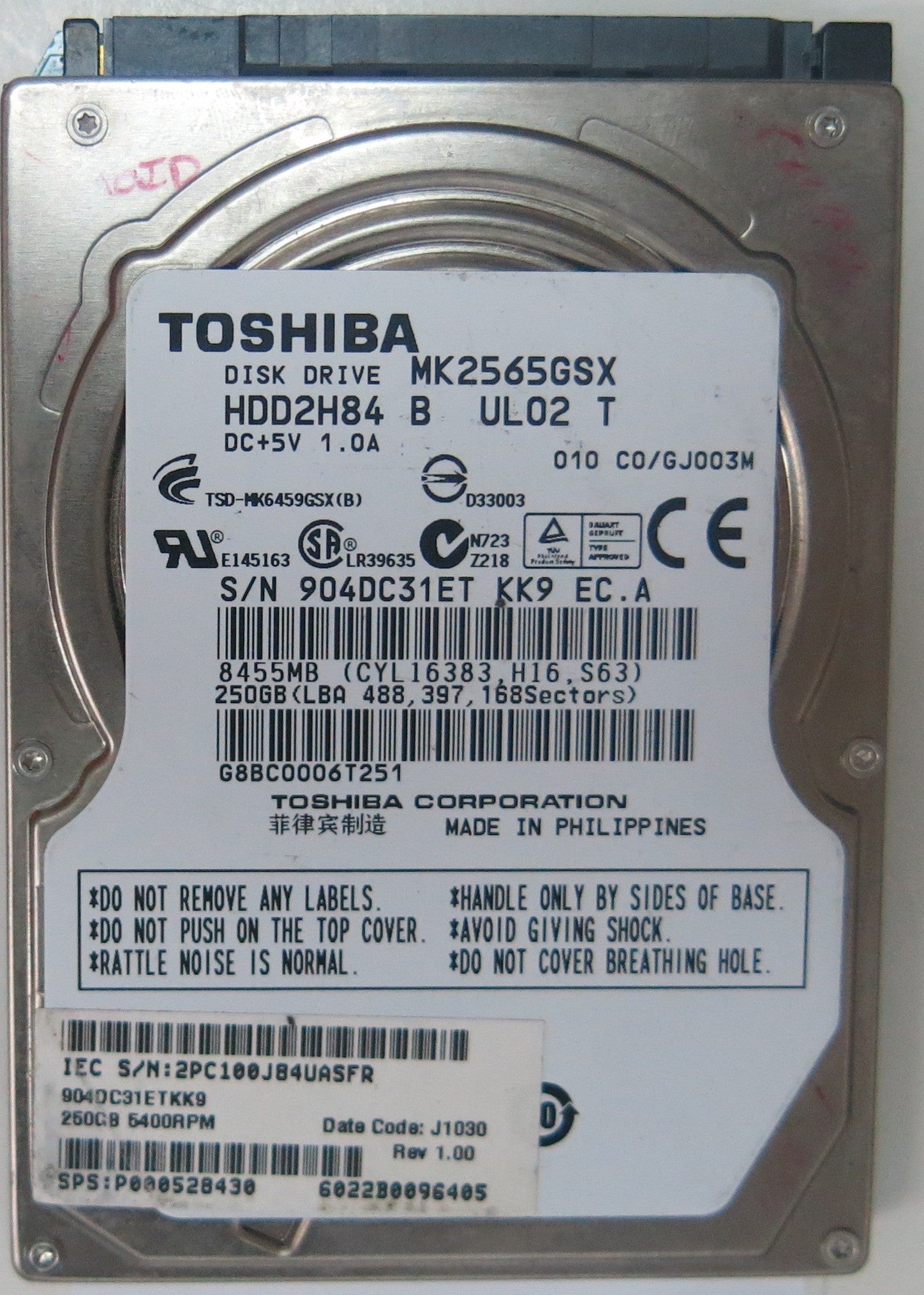 MK3265GSX HDD2H83 H ZK01 S, PCB: G001641A, SERIAL NUMBER: 6054F0TMSKU9, 320 GB