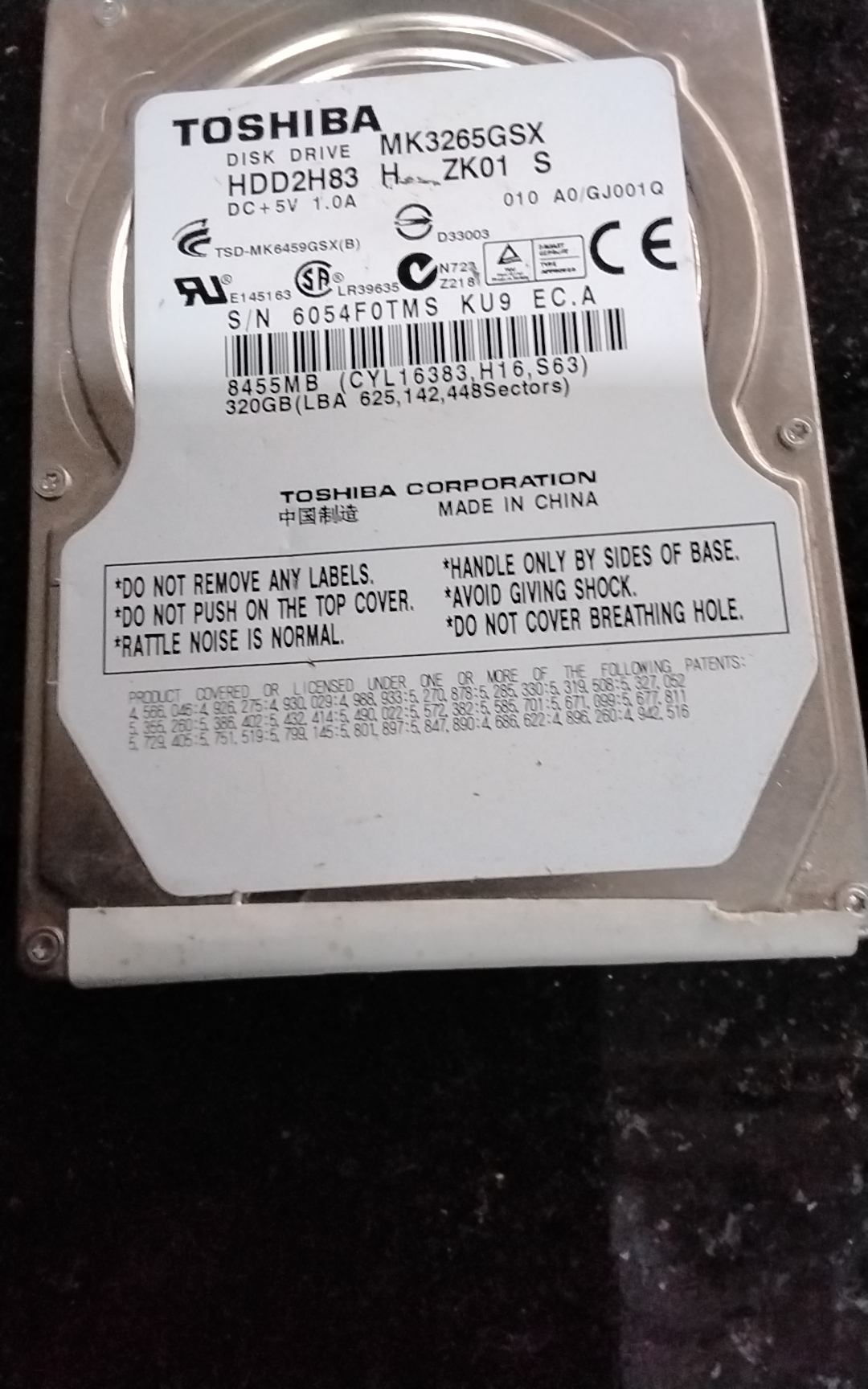 MK3265GSX HDD2H83 H ZK01 S, PCB: G001641A, SERIAL NUMBER: 6054F0TMSKU9, 320 GB