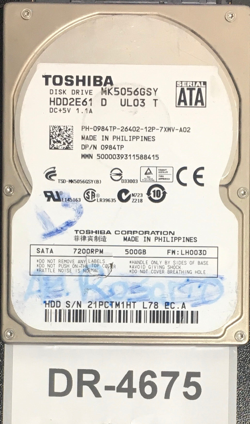 MK5056GSY,  Serial: 21PCTM1HT L78 EC.A,  500GB 2.5,  PCB :G002587-0A,