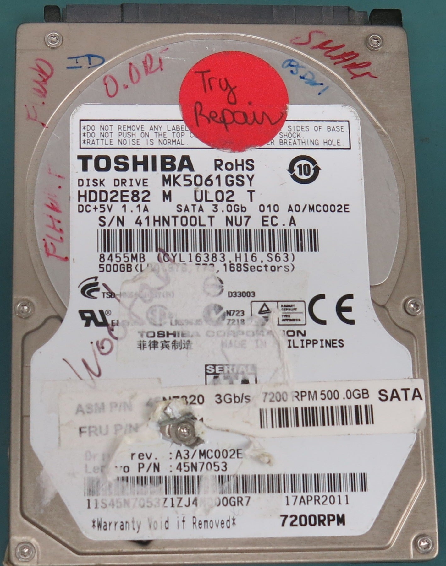 MK5061GSY,  500GB 2.5,  PCB: G002022A,  S/N: 41HNTOOLT NU7 EC.A,