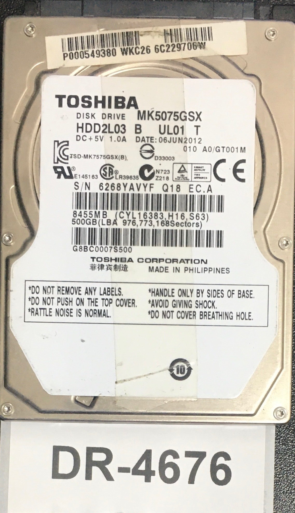 MK5075GSX,  Serial: 6268YAVYF Q18 EC.A,  500GB 2.5,  PCB :G002825A,
