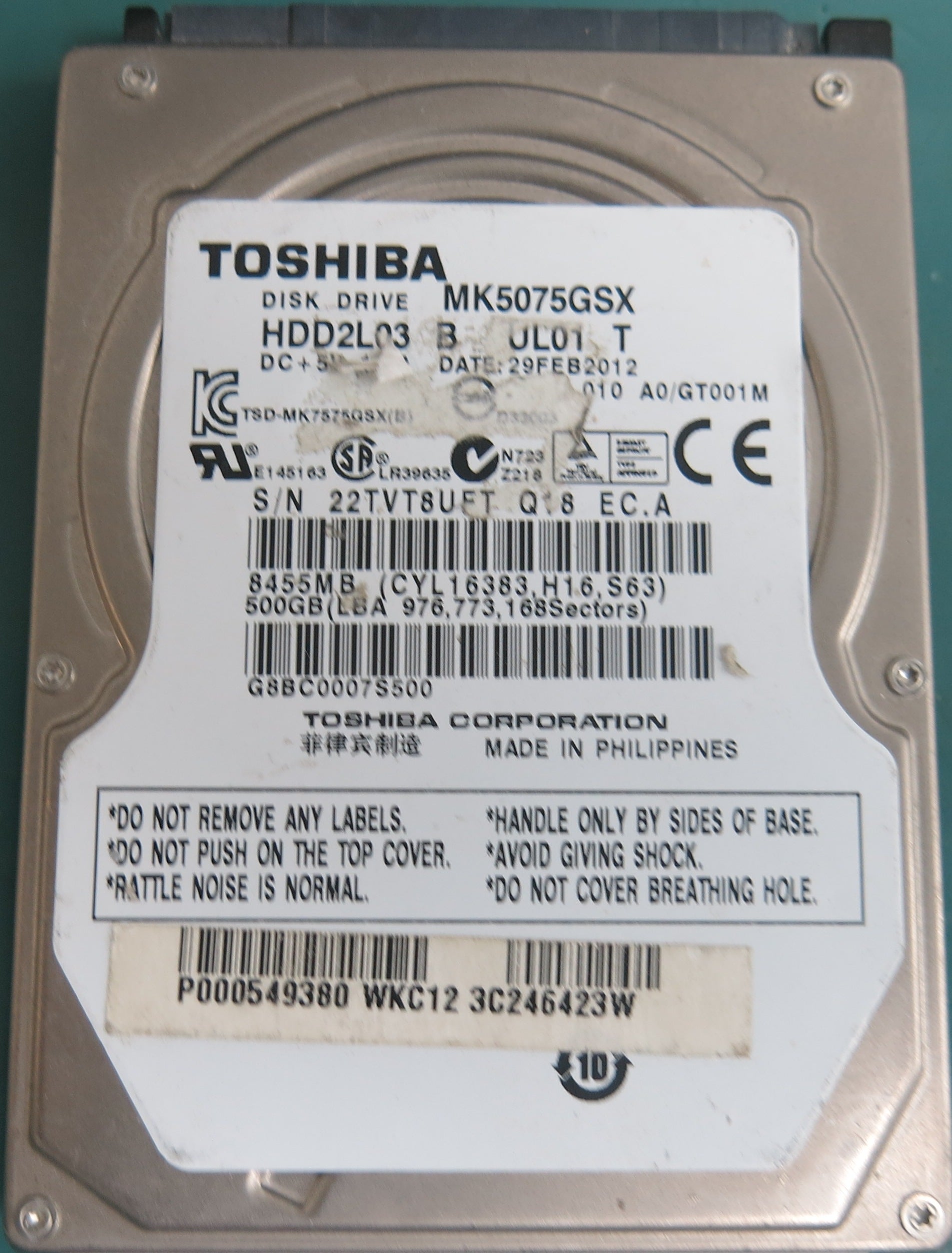 MK5075GSX,  500GB, 2.5,  PCB: G002825A,  S/N: 22TVT8UFT Q18 EC.A,