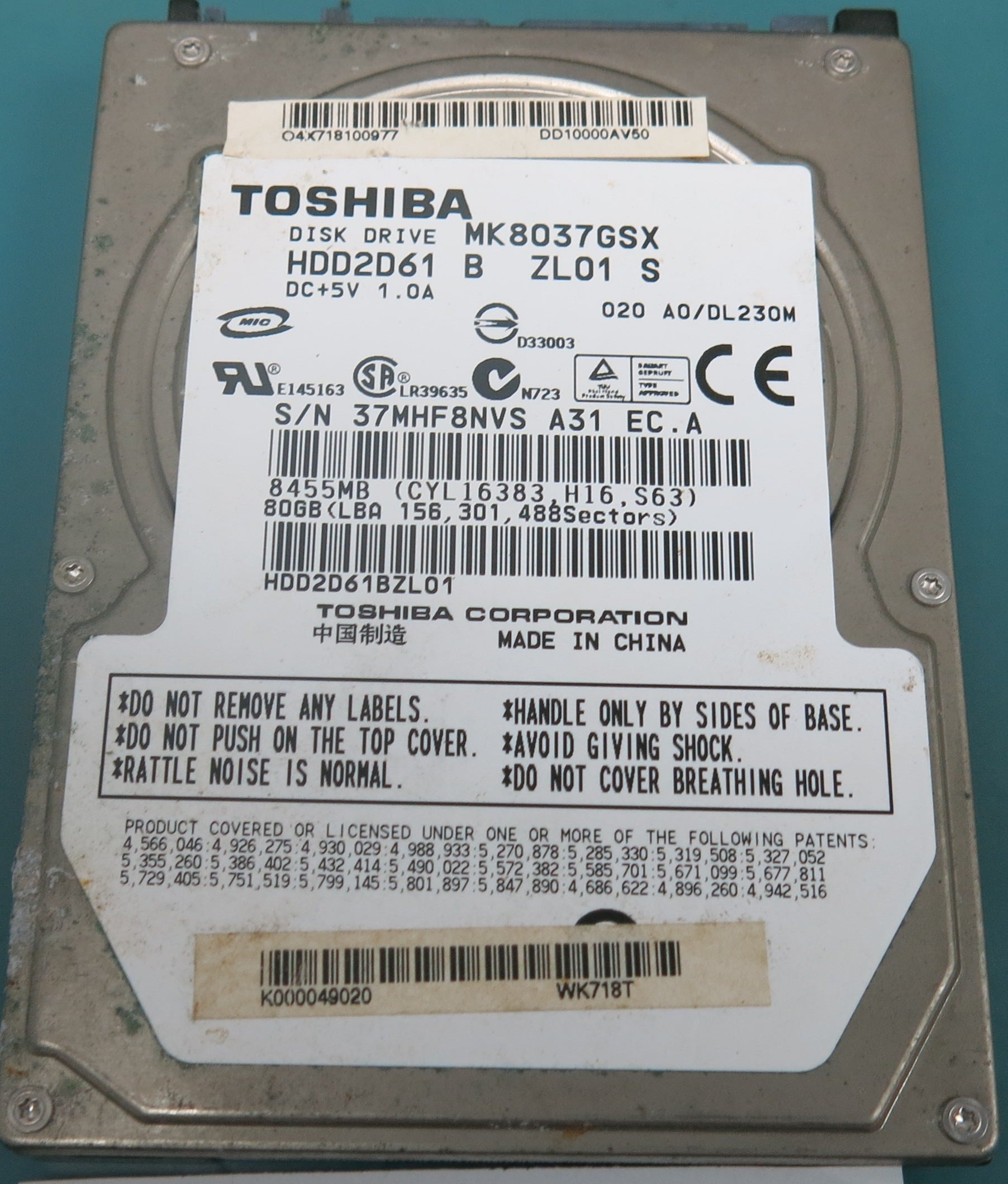 MK8037GSX, 80GB 2.5, S/N: 37MHF8NVS A31,