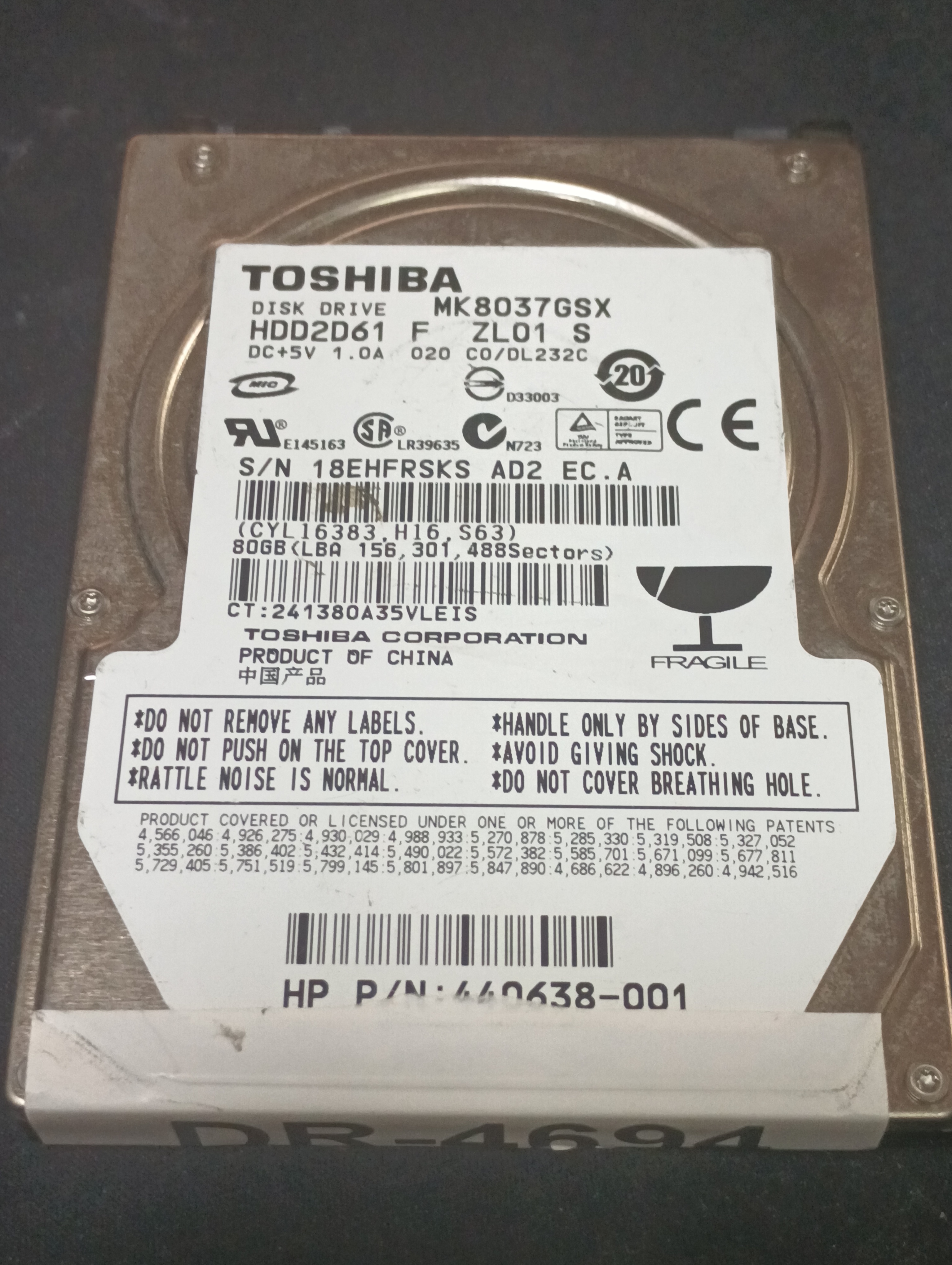 MK8037GSX,  Serial: 18EHFRSKS AD2 EC.A,  80GB 2.5,  PCB :G5B001851000-A,