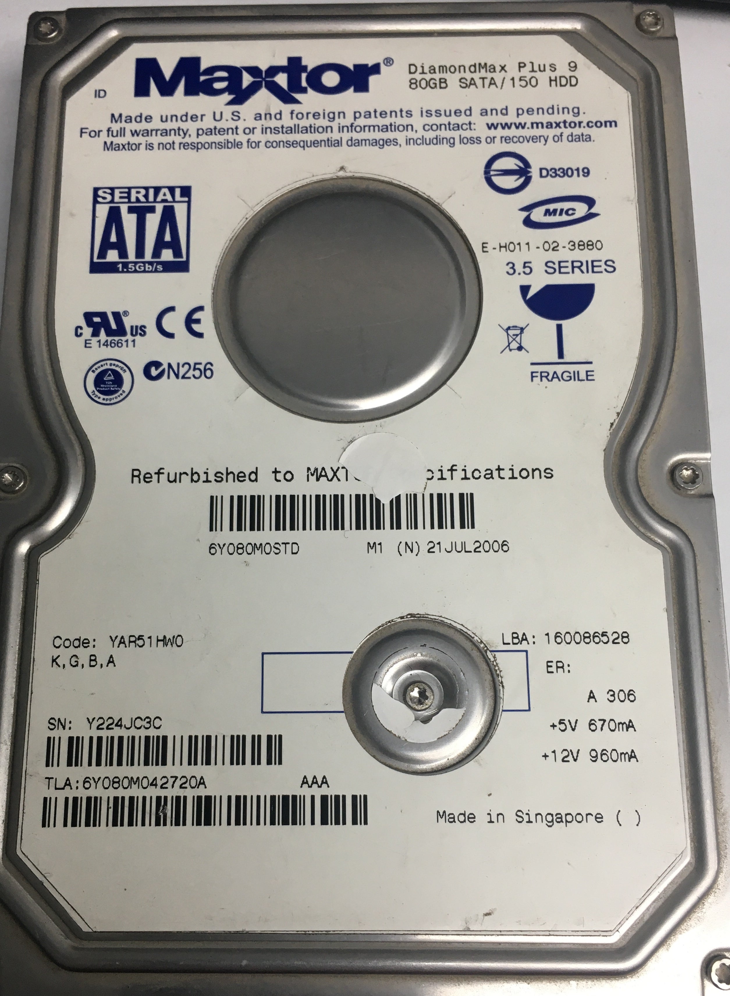 Model: 6Y080M0STD, Serial Number: Y224JC3C, 80GB 3.5, PCB: 301861101