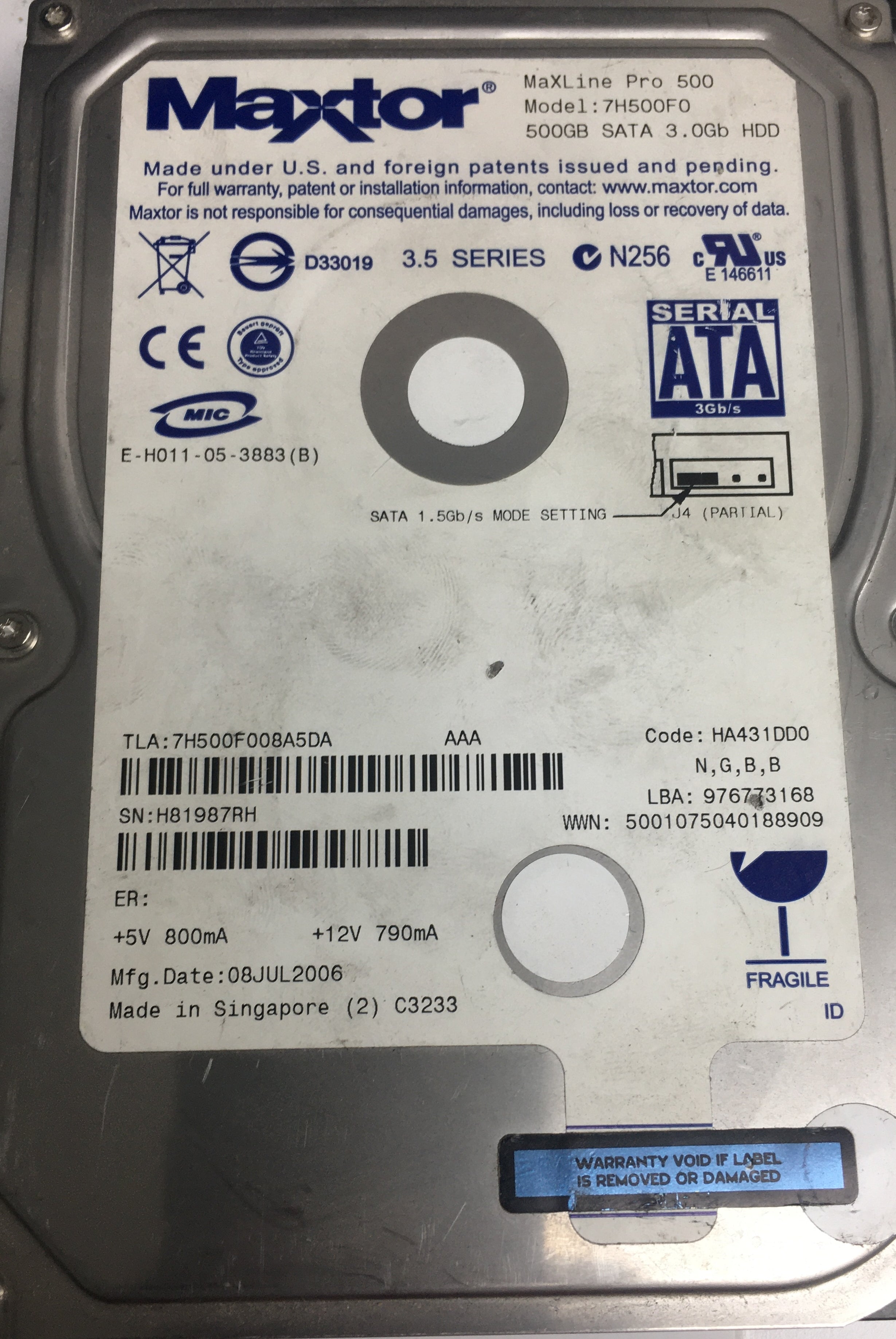 Model: 7H500F0, Serial Number: H81987RH, 500GB 3.5, PCB: 302021103
