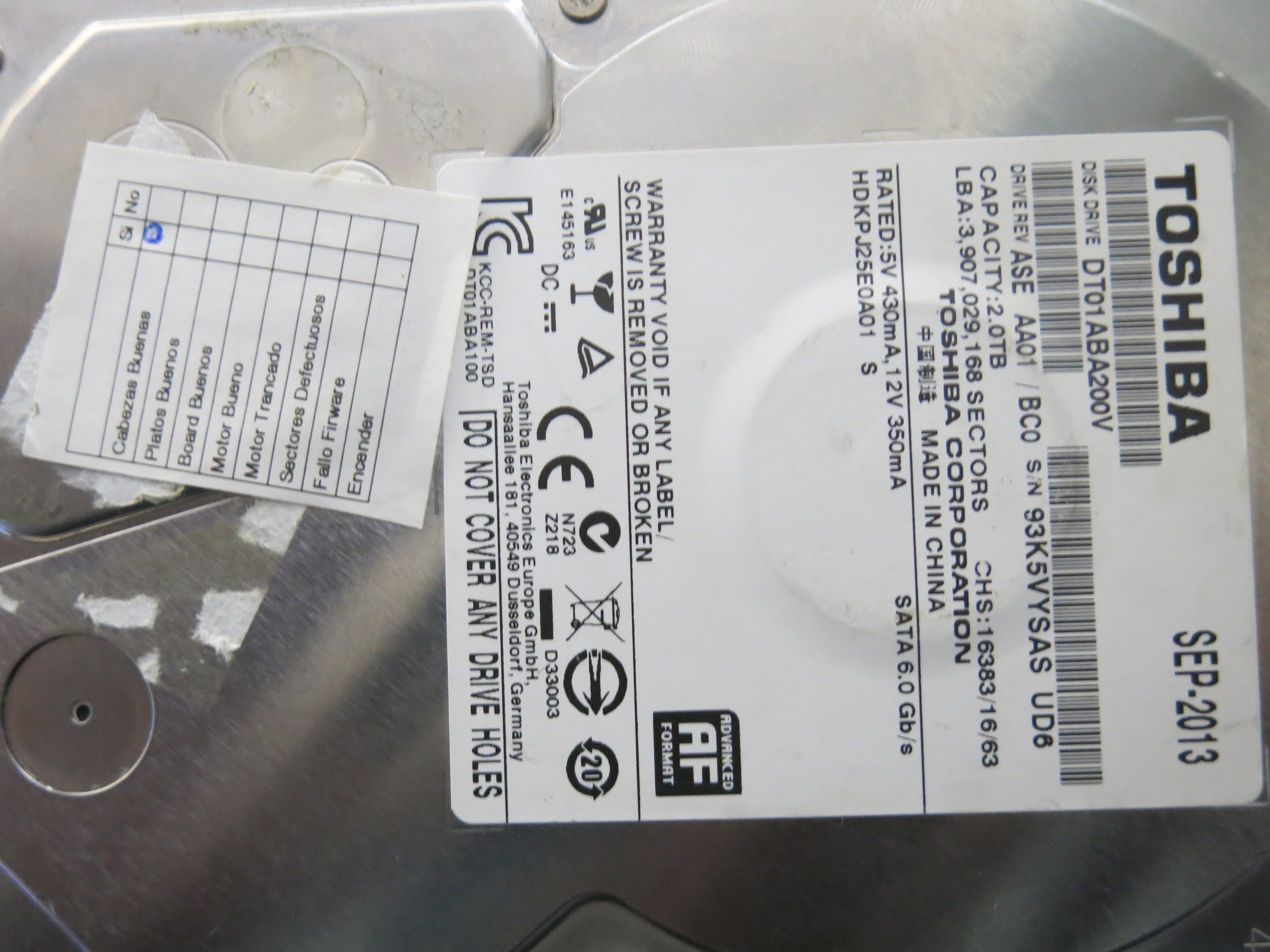 MODEL : DT01ABA200V PCB : 220 0A90380  SERIAL NUMBER : 93K5VYSASUD6
