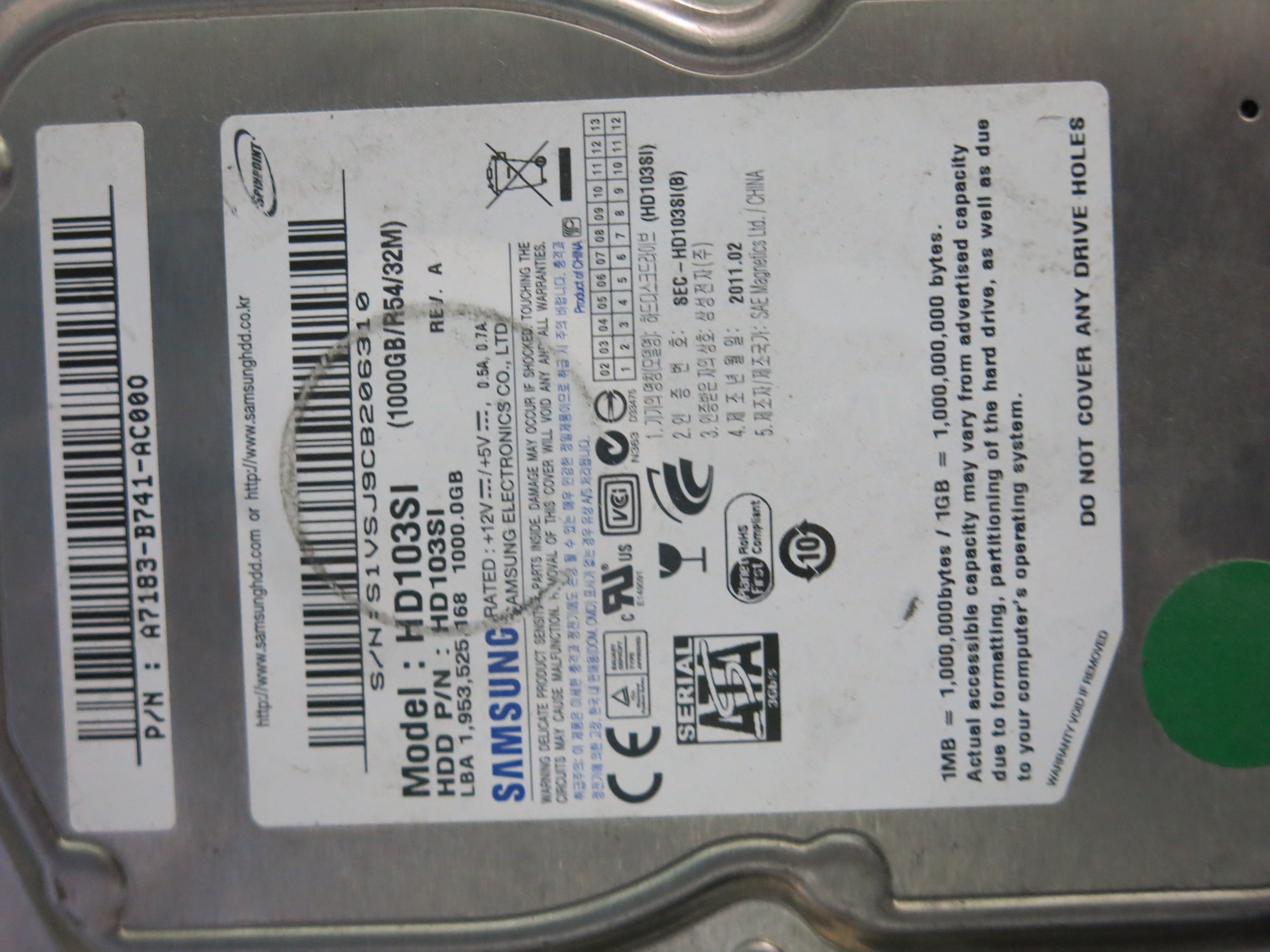MODEL : HD103SI SERIAL NUMBER : S1VSJ9CB206310
