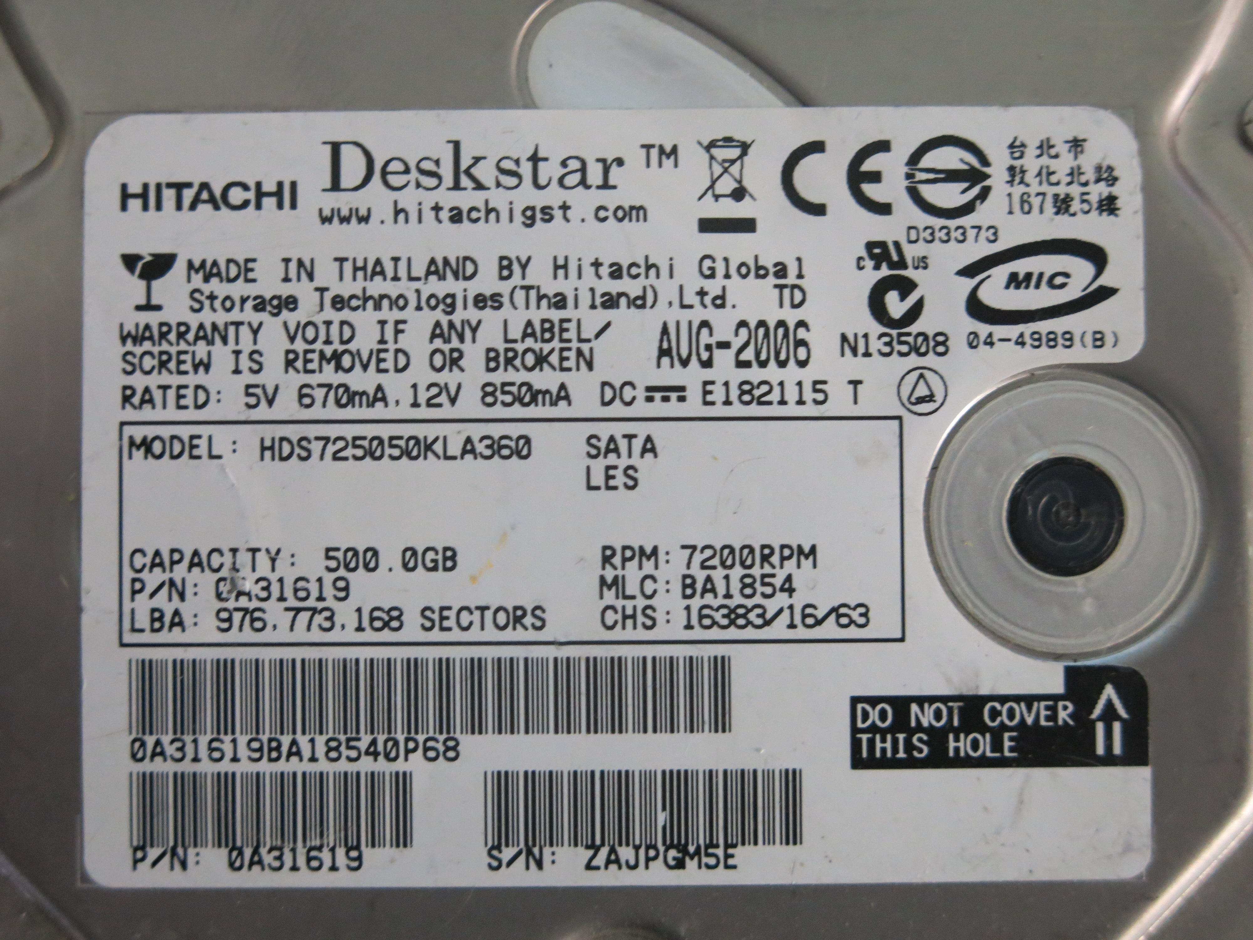 HDS725050KLA360,  P/N:0A31619,  MLC:BA1854,  Serial:ZAJPGM5E,  500GB 3.5 ,            PCB :F 0A31169 01- REV A