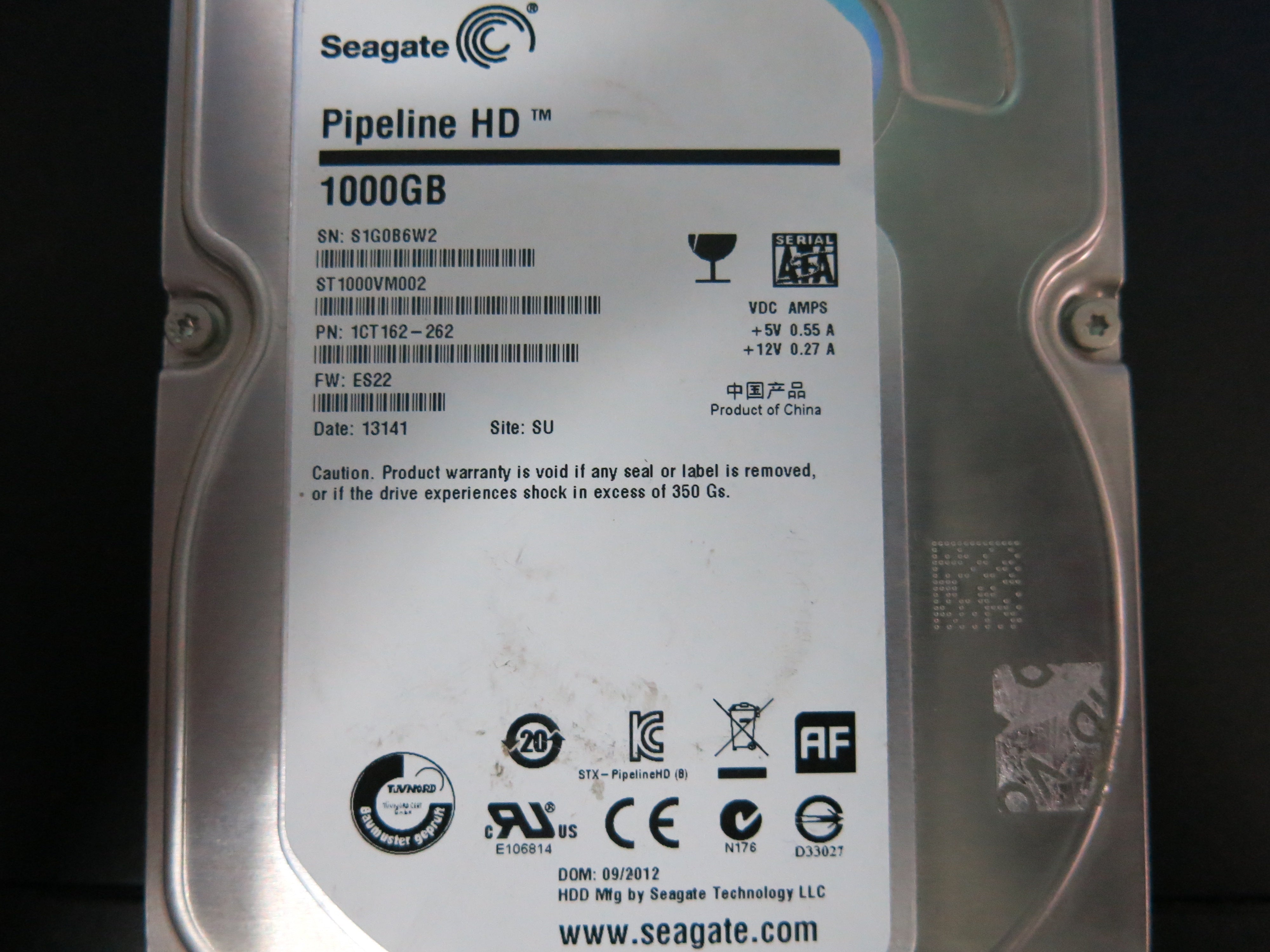 ST1000M002 PCB: 100687658 REV B SERIAL NUMBER: S1G0B6W2 FW:ES22 PN:1CT162-262 1.TB