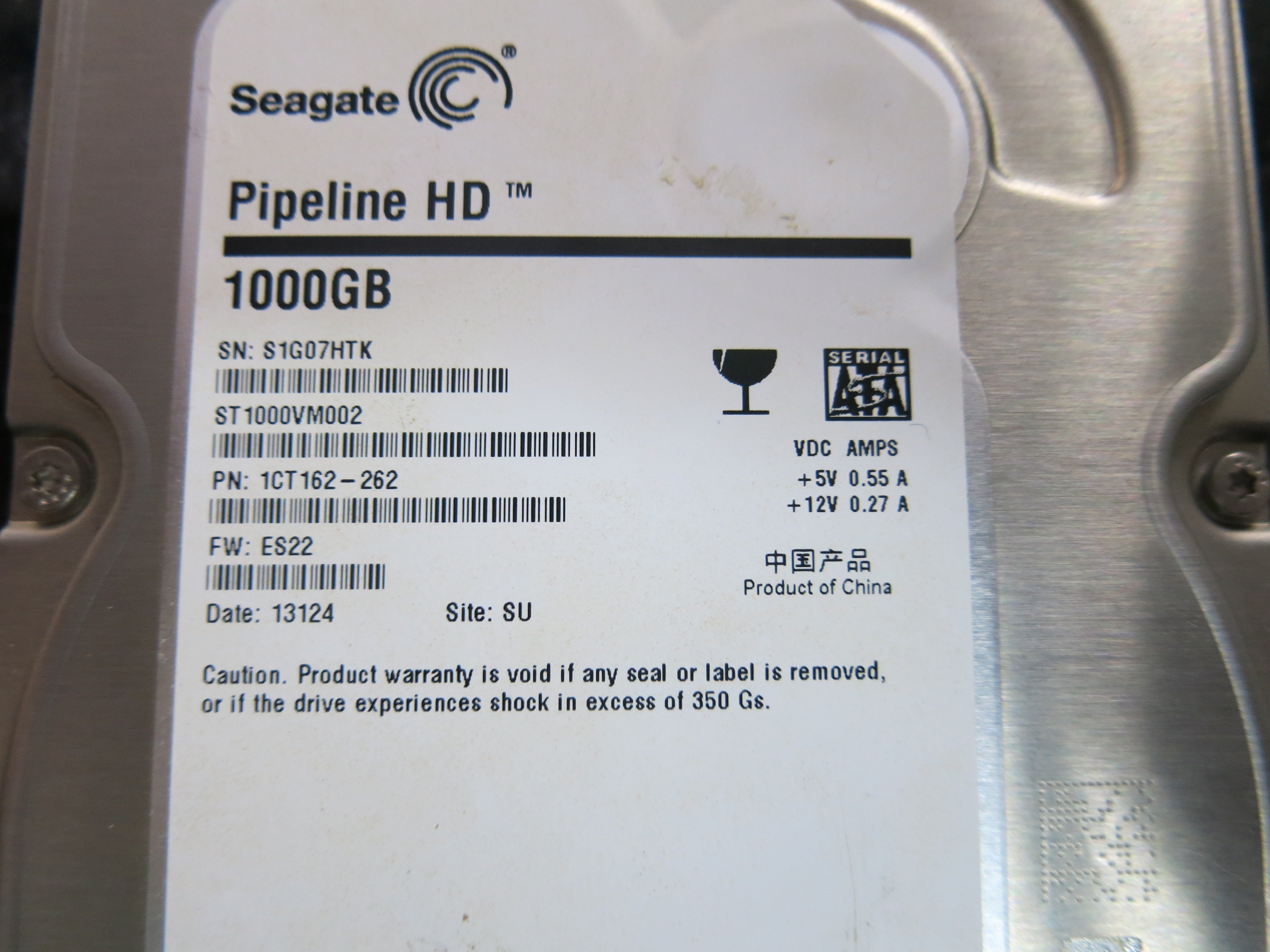 ST1000VM002 PCB: 100687658 REV B SERIAL NUMBER: S1G07HTK FW:ES22 PN:1CT162-262 1.TB