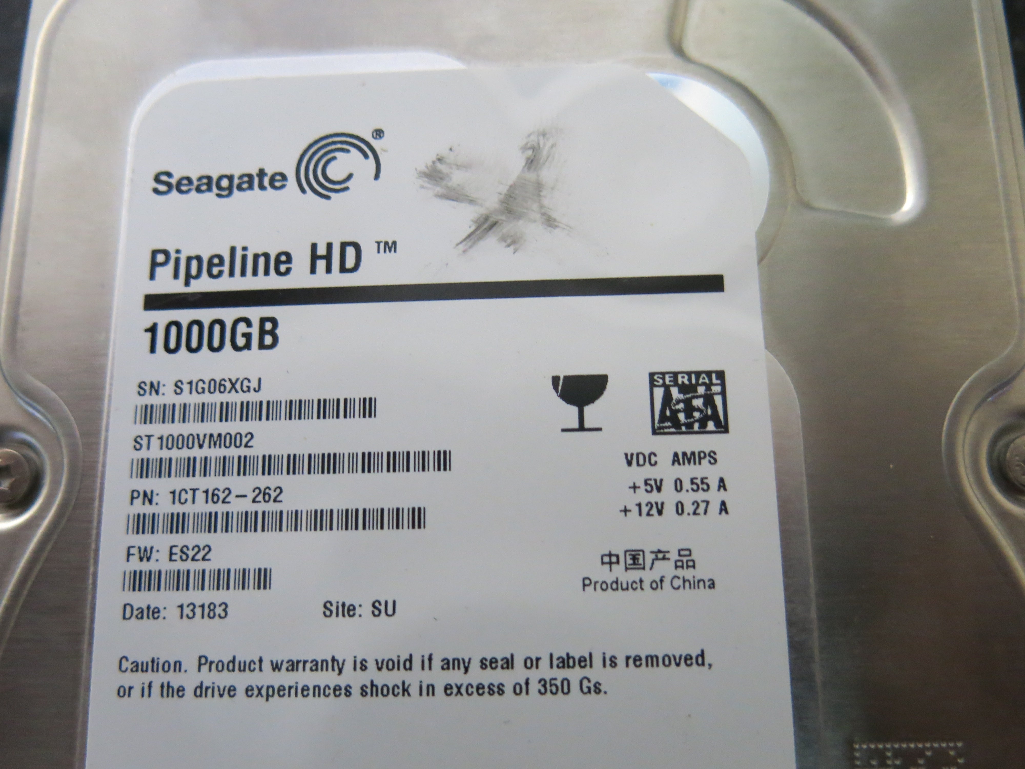 ST1000VM002,  P/N:1CT162-262,  FW:ES22,  Serial:S1G06XGJ,  1000GB 3.5,  PCB:100687658- REV C