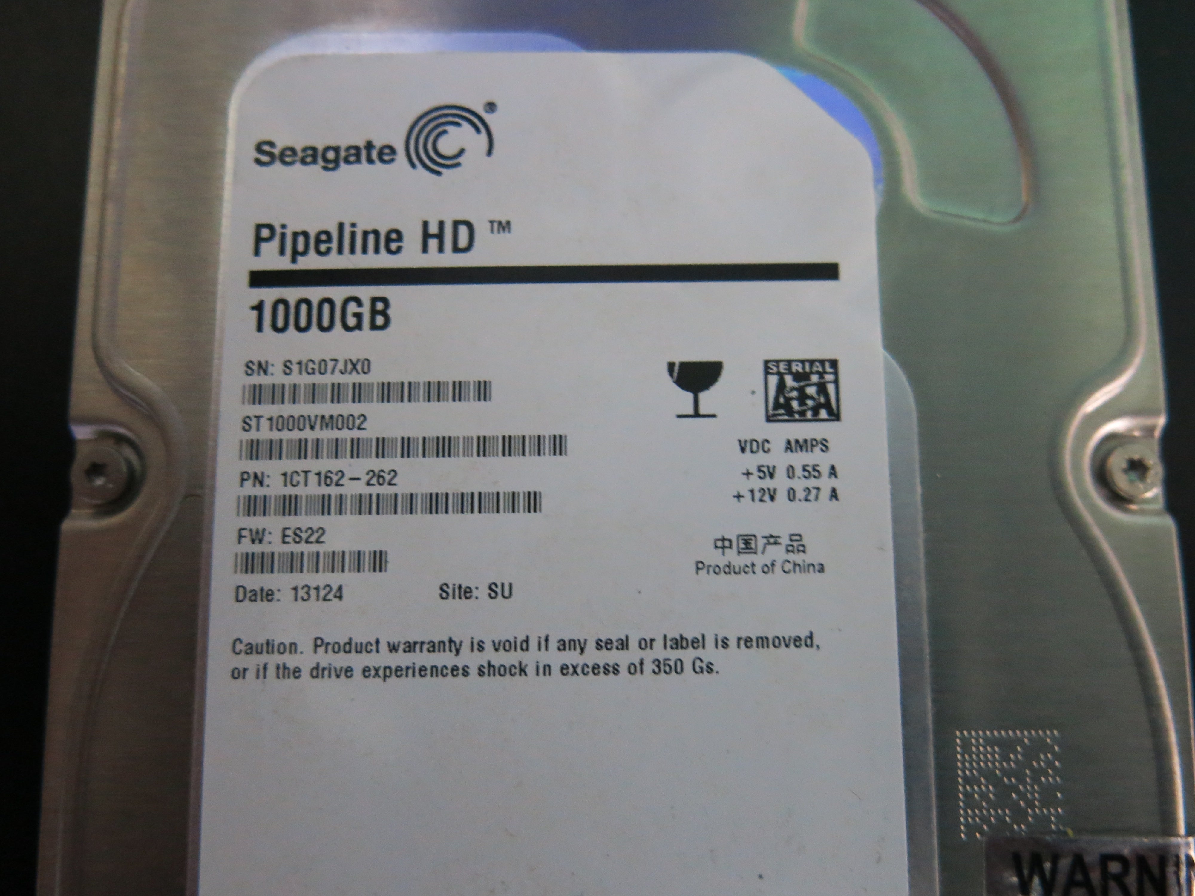 ST1000VM002 PCB : 100687658 REV C SERIAL NUMBER : S1G07JX0 FW:ES22 PN:1CT162-262 1.TB
