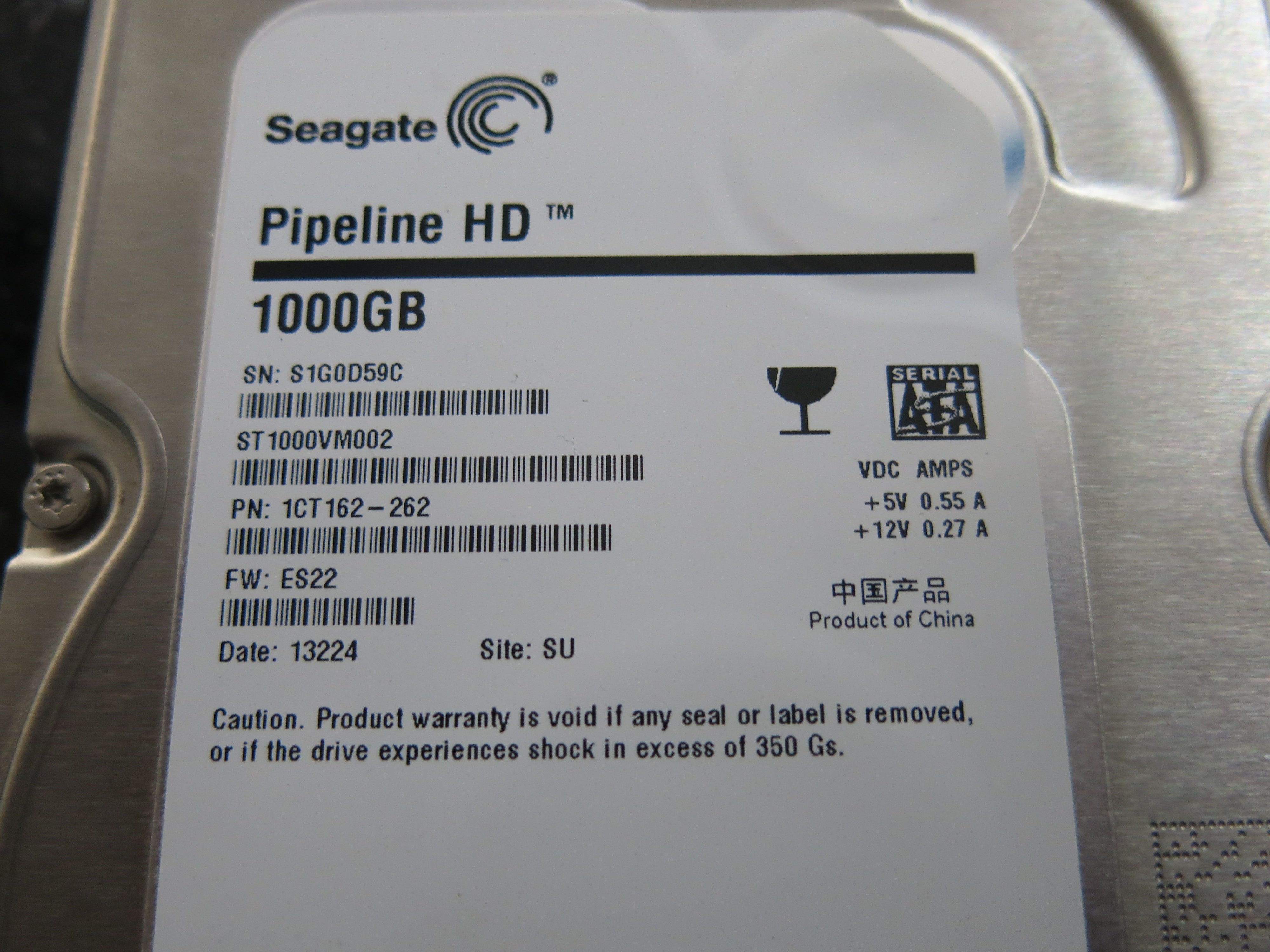 ST1000VM002,  P/N:1CT162-262,  FW:ES22,  Serial:S1G0D59C,  1000GB 3.5,  PCB:100687658- REV C