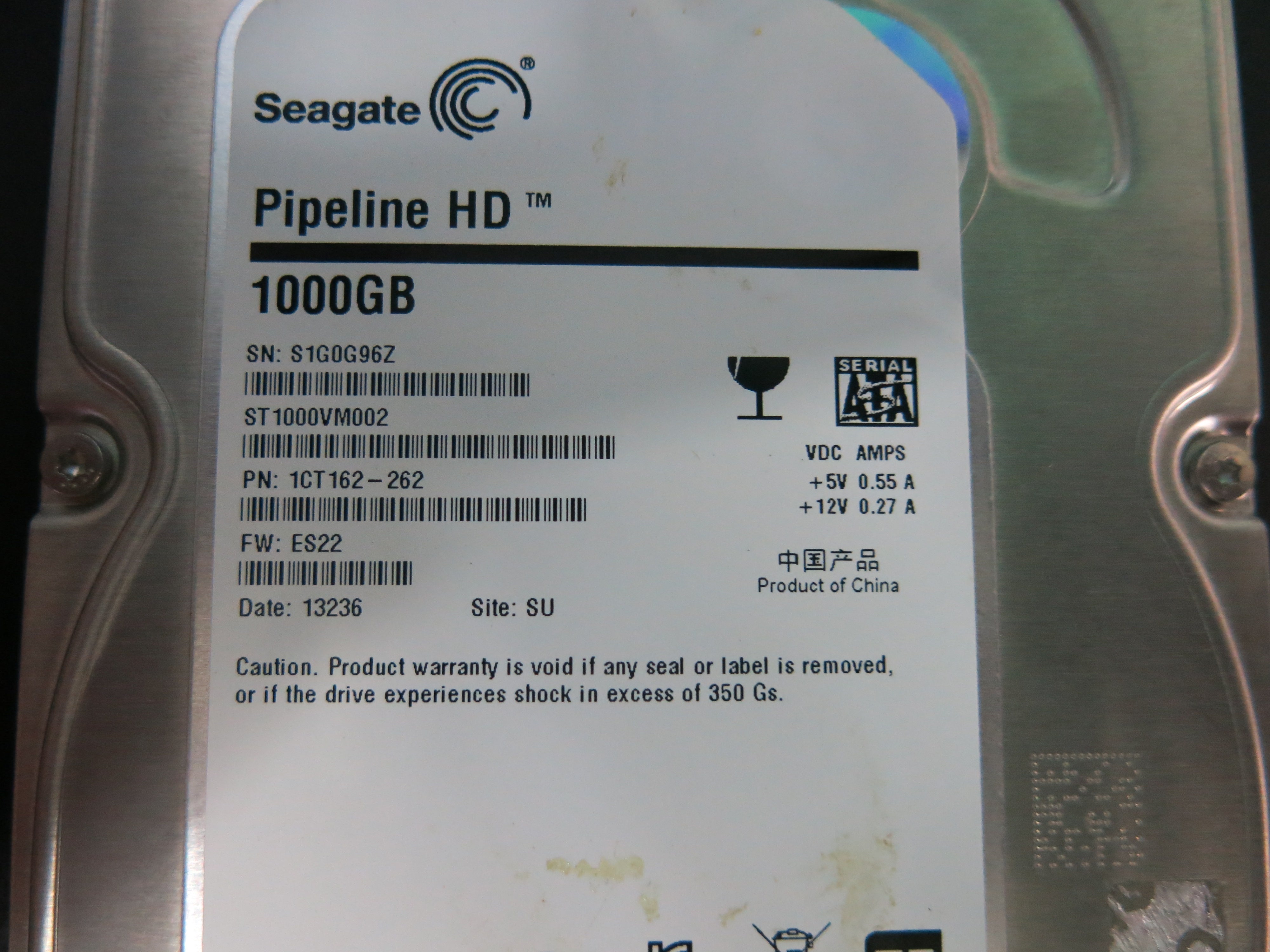 ST1000VM002 PCB: 100687658 REV C SERIAL NUMBER: S1G0G96Z PN:1CT162-262 FW:ES22 1.TB