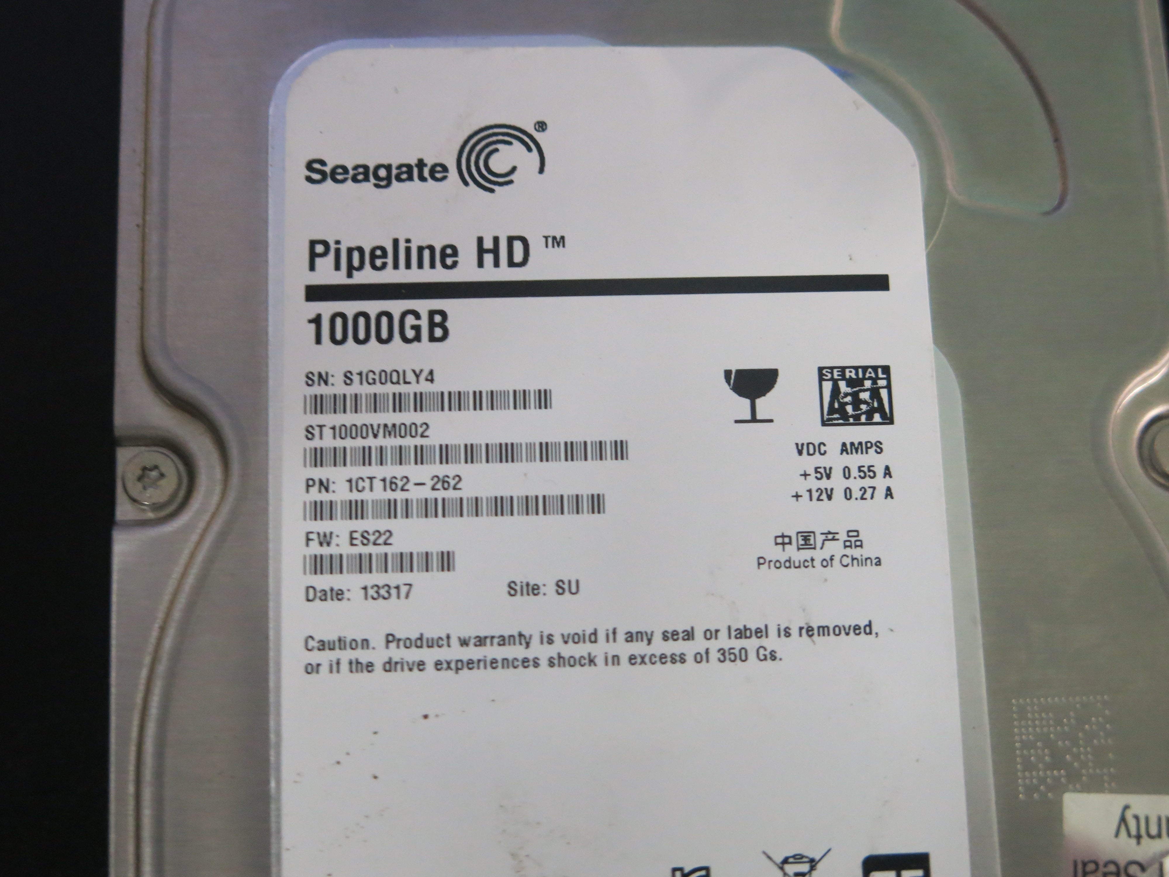 ST1000VM002 PCB : 100687658 REV C SERIAL NUMBER : S1G0QLY4 FW:ES22 PN:1CT162-262 1.TB