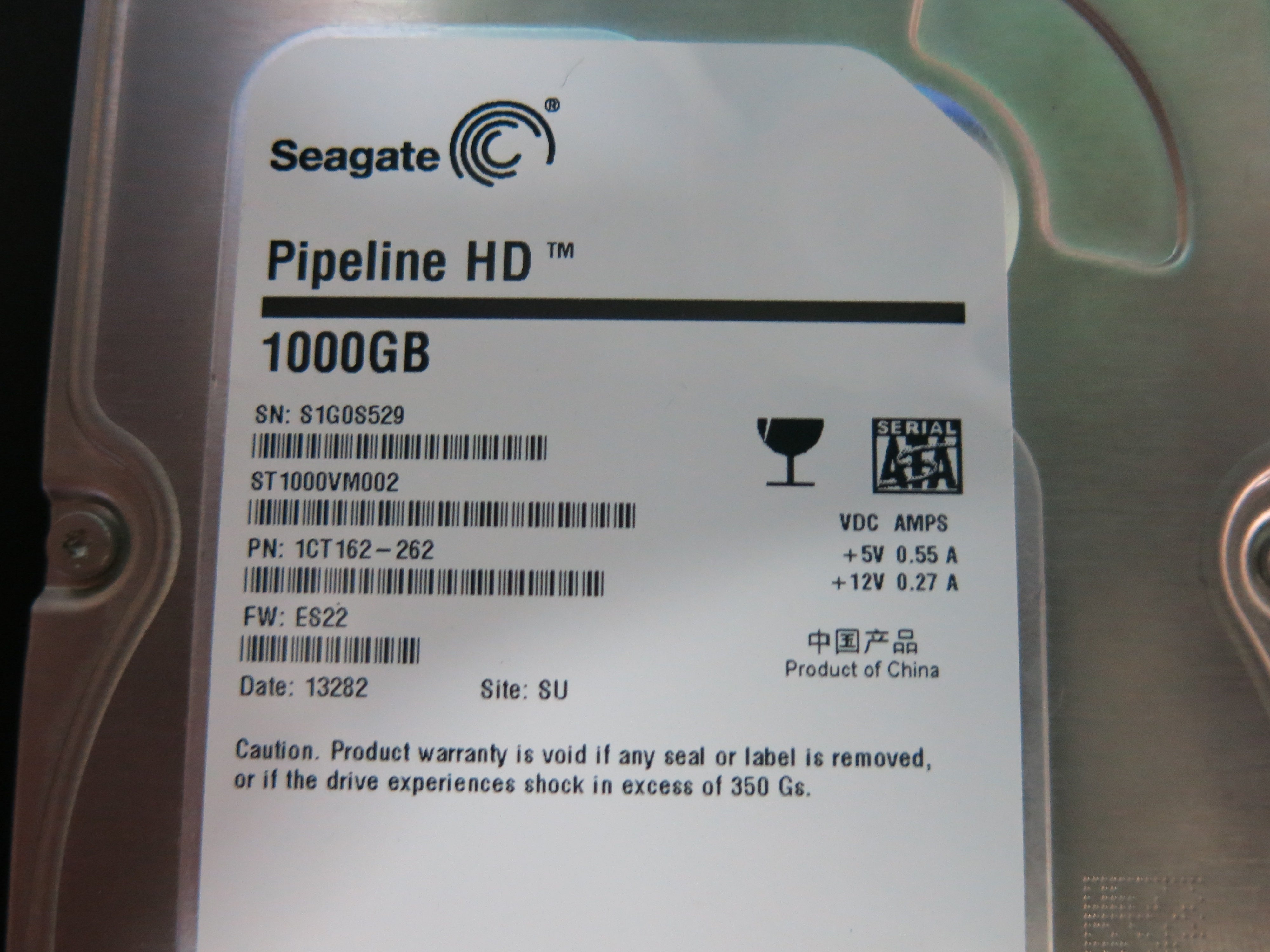 ST1000VM002,  P/N:1CT162-262,  FW:ES22,  Serial:S1G0S529,  1000GB 3.5,  PCB:100687658- REV C