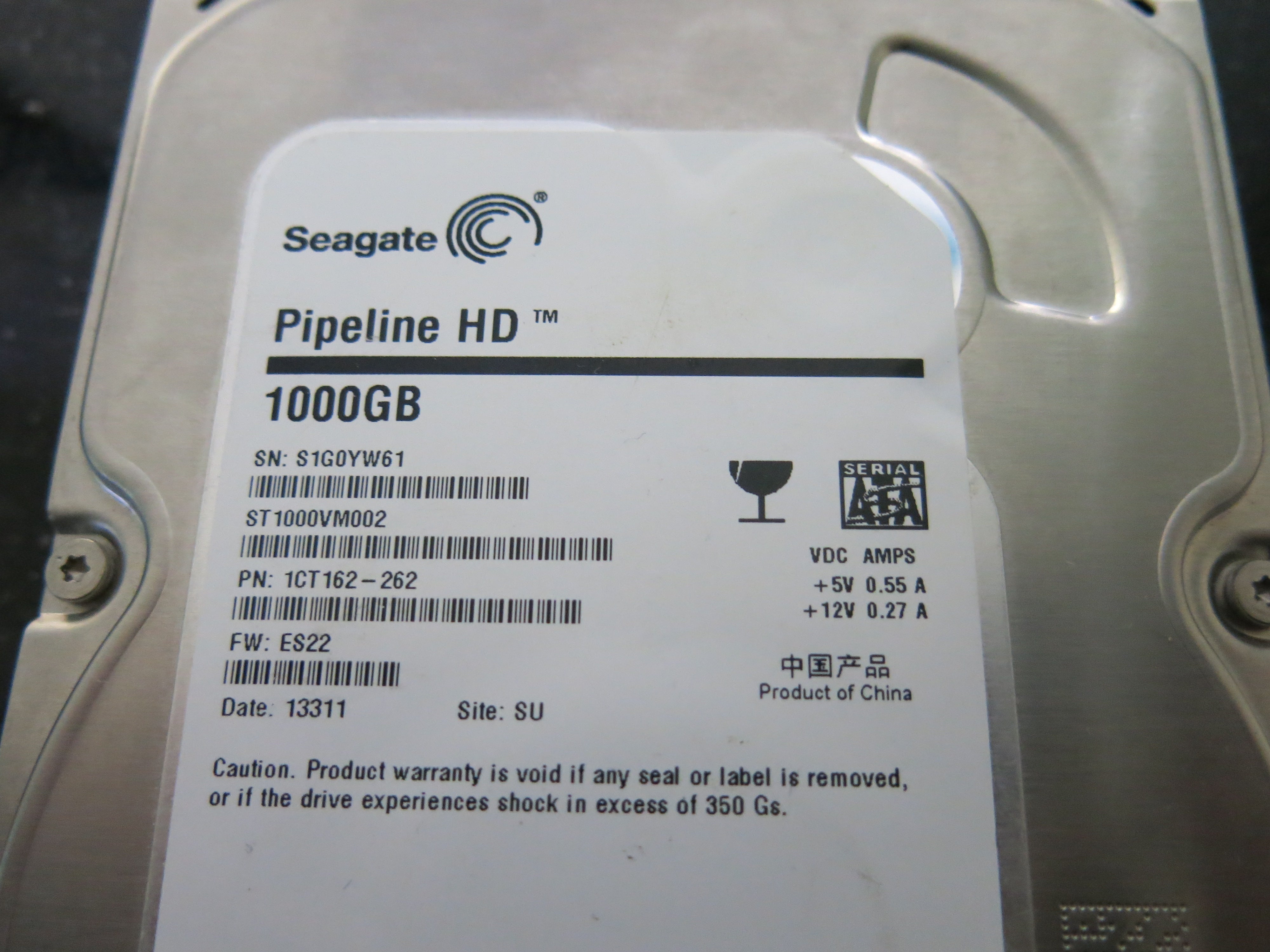 ST1000VM002,  P/N:1CT162-262,  FW:ES22,  Serial:S1G0YW61,  1000GB 3.5,  PCB:100687658- REV C