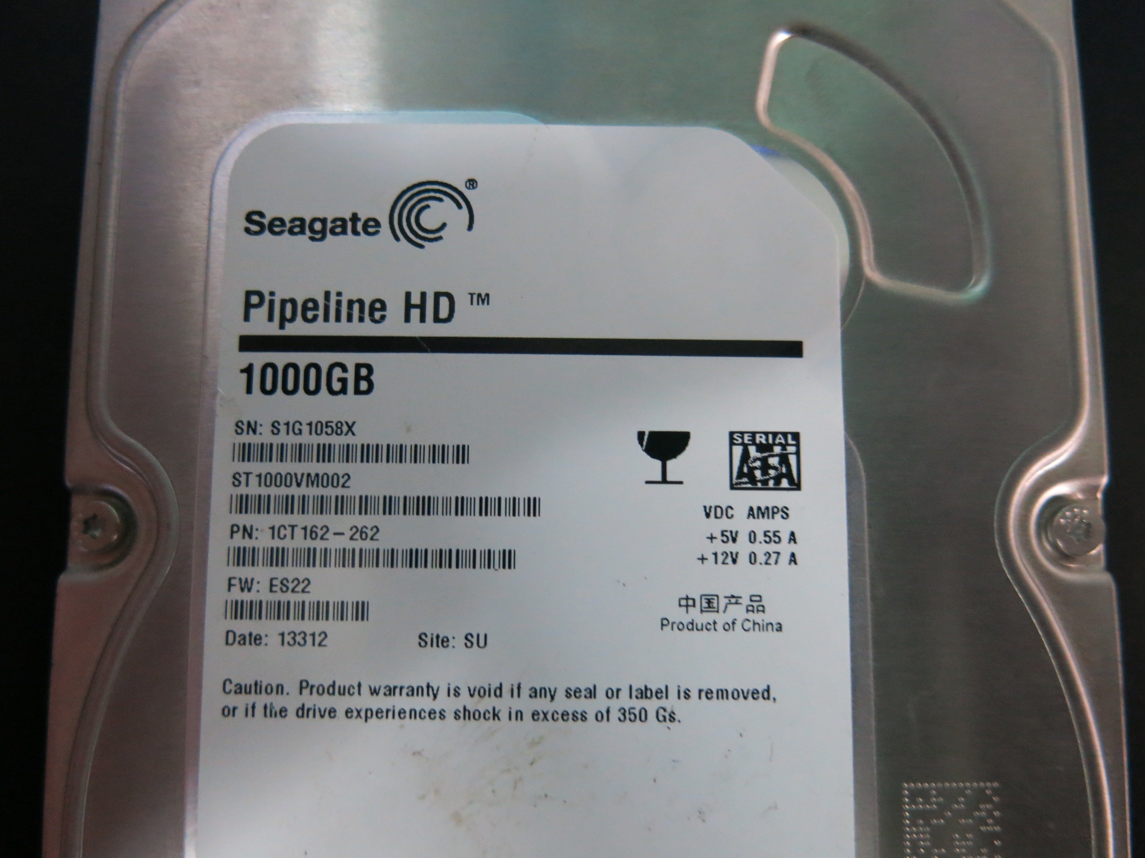 ST1000VM002 PCB: 10'0687658 REV C SERIAL NUMBER: S1G10QZT PN:1CT162-262 FW:ES22 1.TB