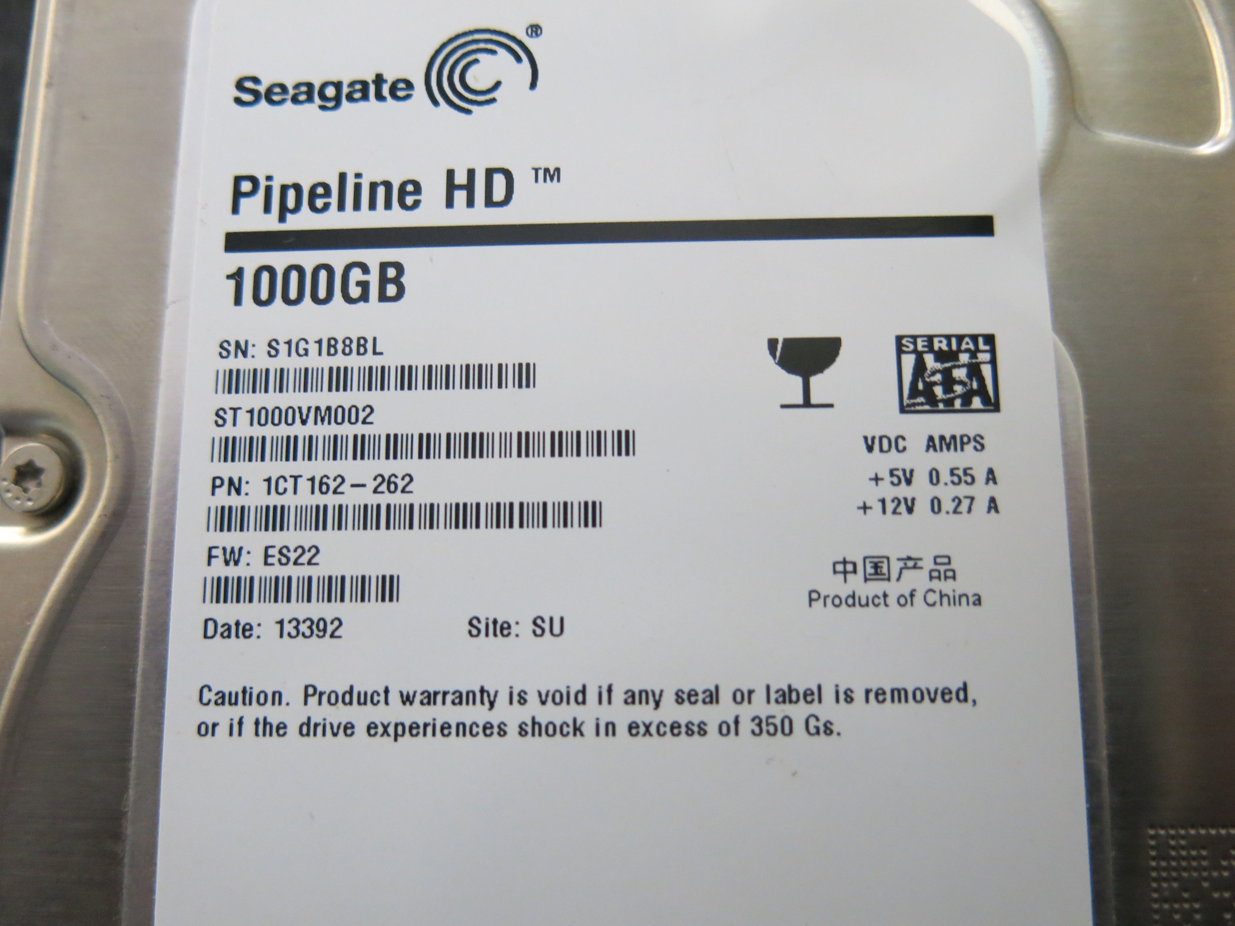 ST1000VM002,  P/N:1CT162-262,  FW:ES22,  Serial:S1G1B8BL,  1000GB 3.5,  PCB:100687658- REV C