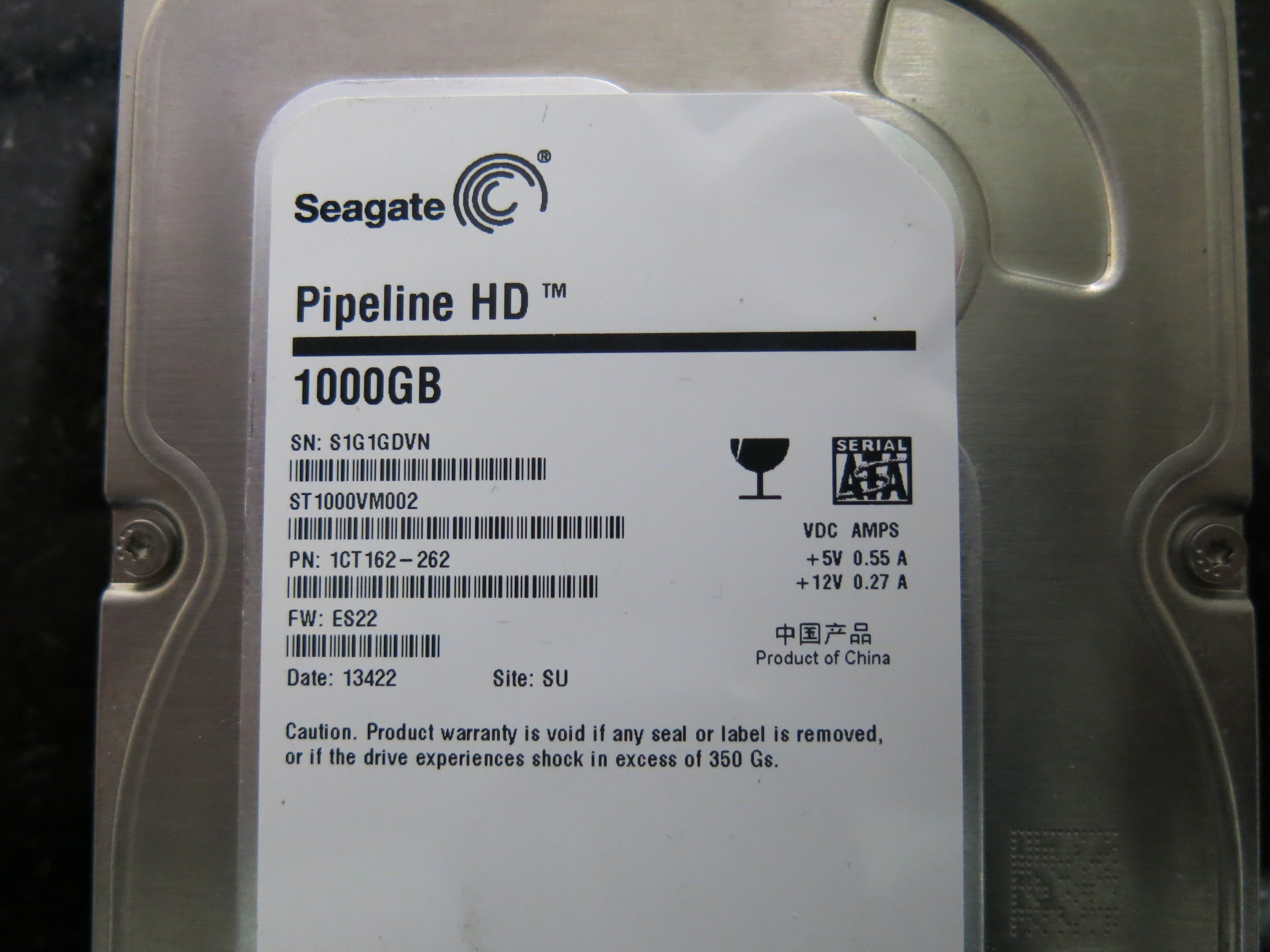 ST1000VM002 PCB : 100687658 REV C   SERIAL NUMBER : S1G1GDVN  FW:ES22  PN:1CT162-262  1.TB