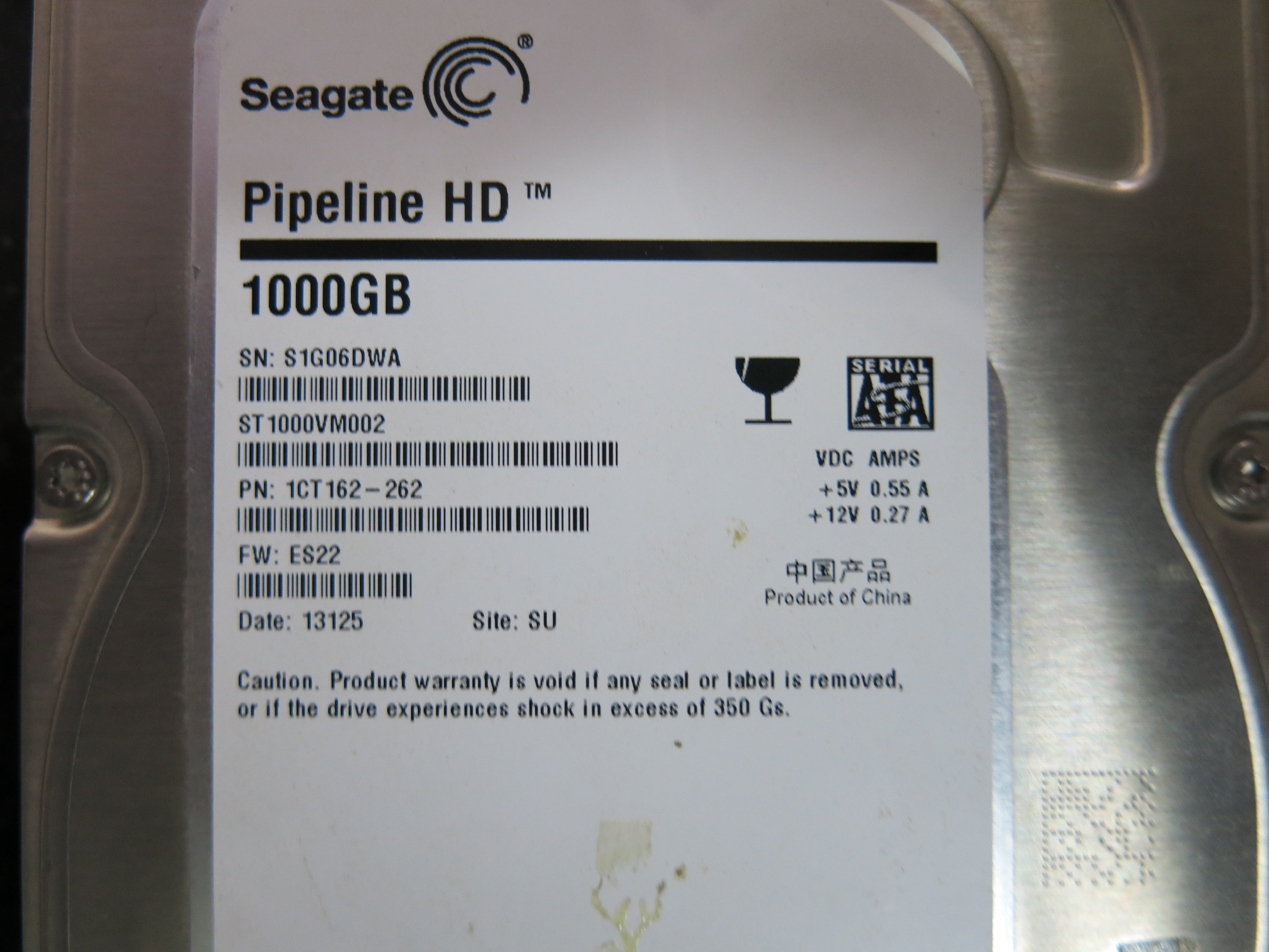 ST1000VM002 PCB: 100687658 SERIAL NUMBER: S1G06DWA FW:ES22 PN:1CT162-262 1.TB