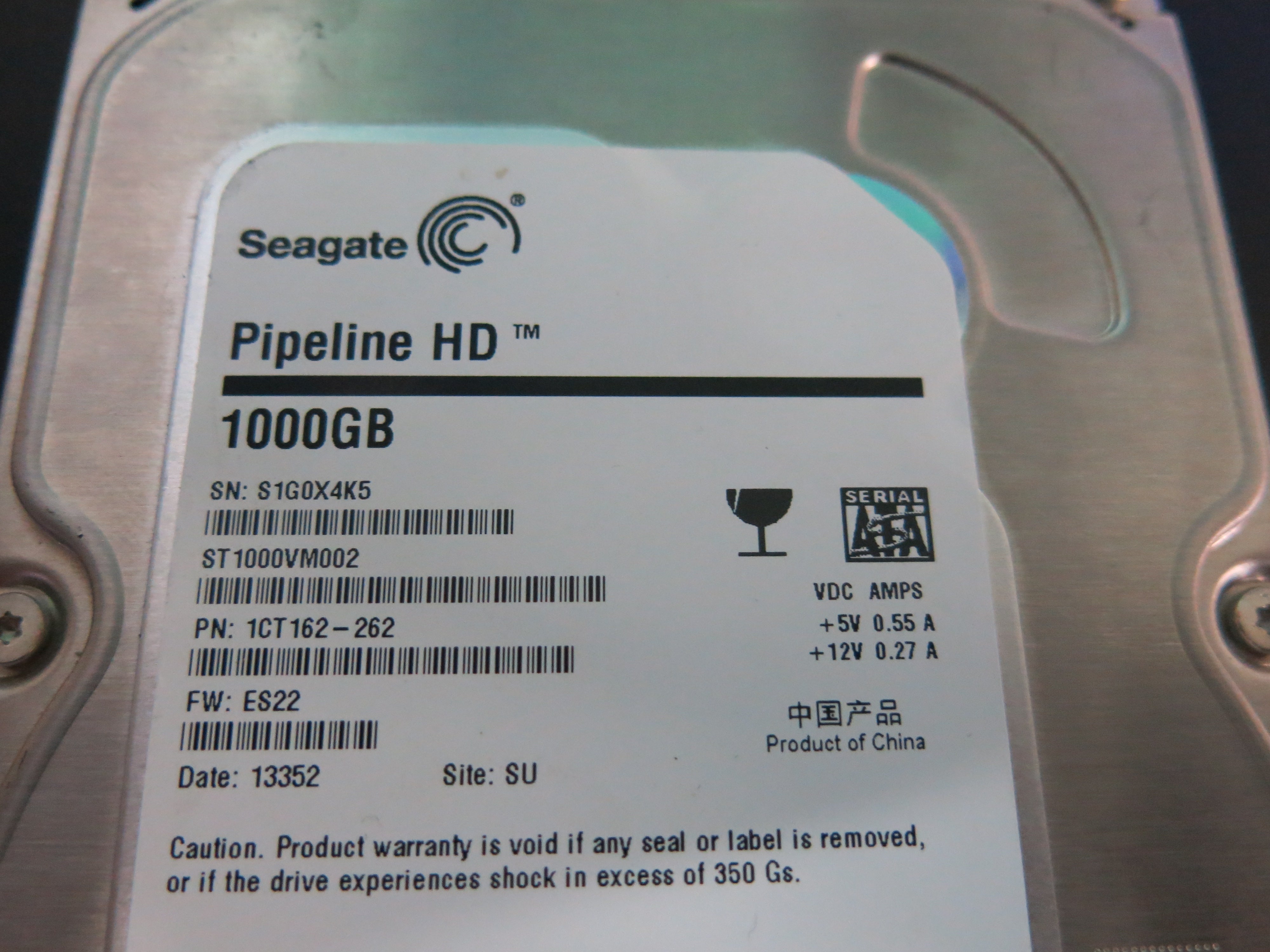 ST1000VM002,  P/N:1CT162-262,  FW:ES22,  Serial:S1G0X4K5,  1000GB 3.5,  PCB:100687658- REV C