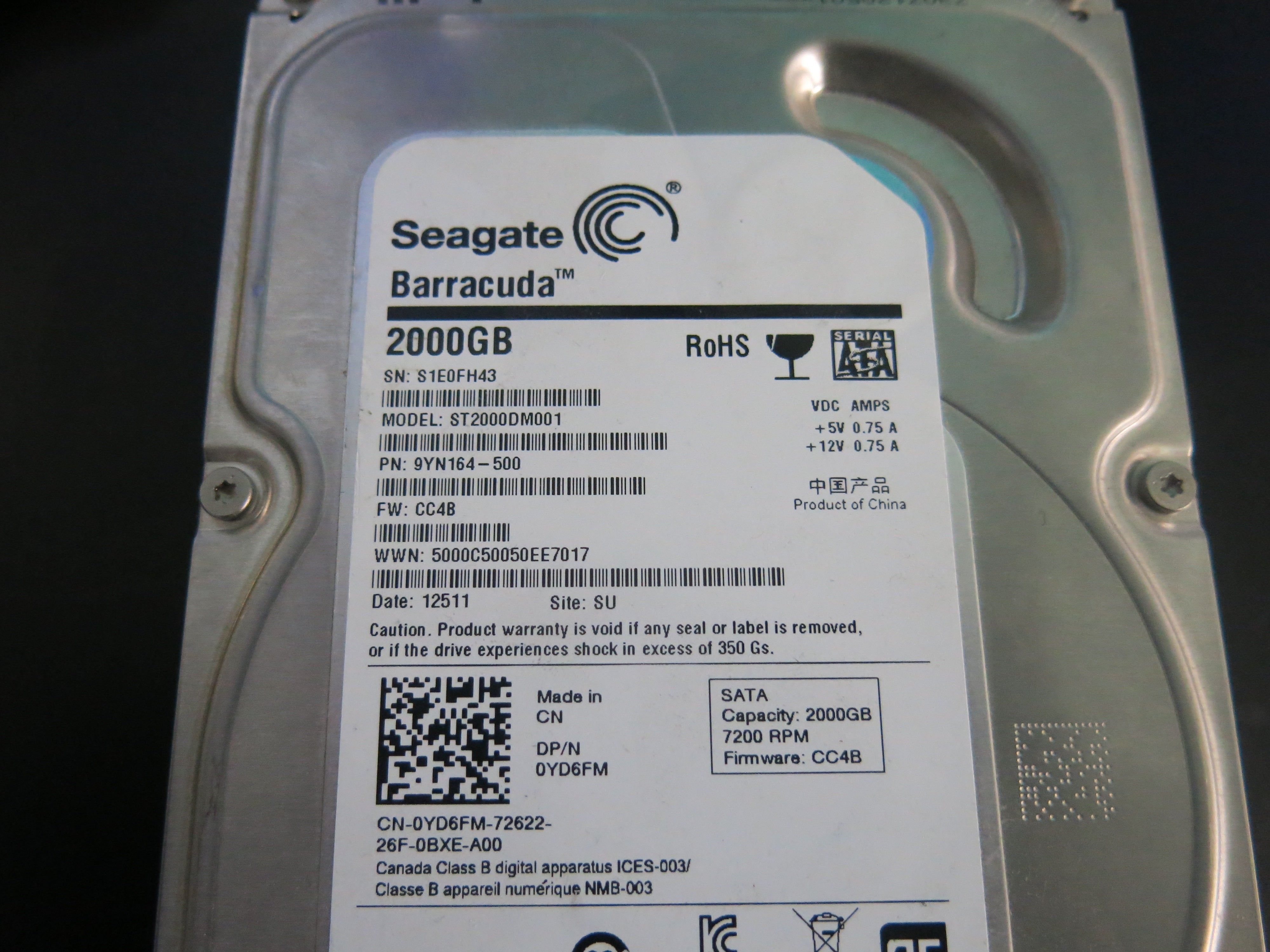 ST2000DM001 PCB : 100664987 REV A SERIAL NUMBER : S1E0FH43 FW:CC4B PN:9YN164-500 2.TB