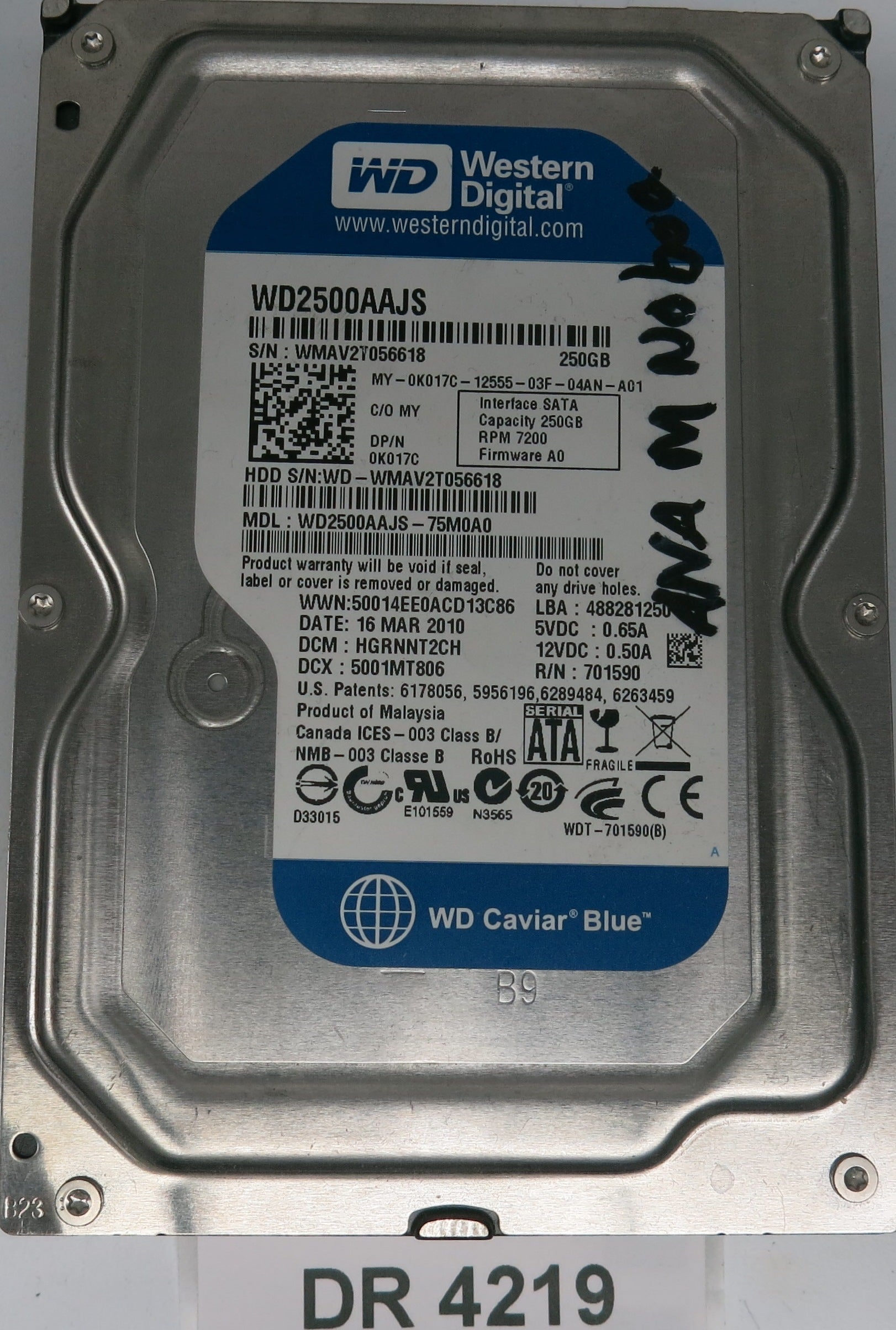 WD2500AAJS-75M0A0,  Serial:WMAV2T056618,  250GB 3.5