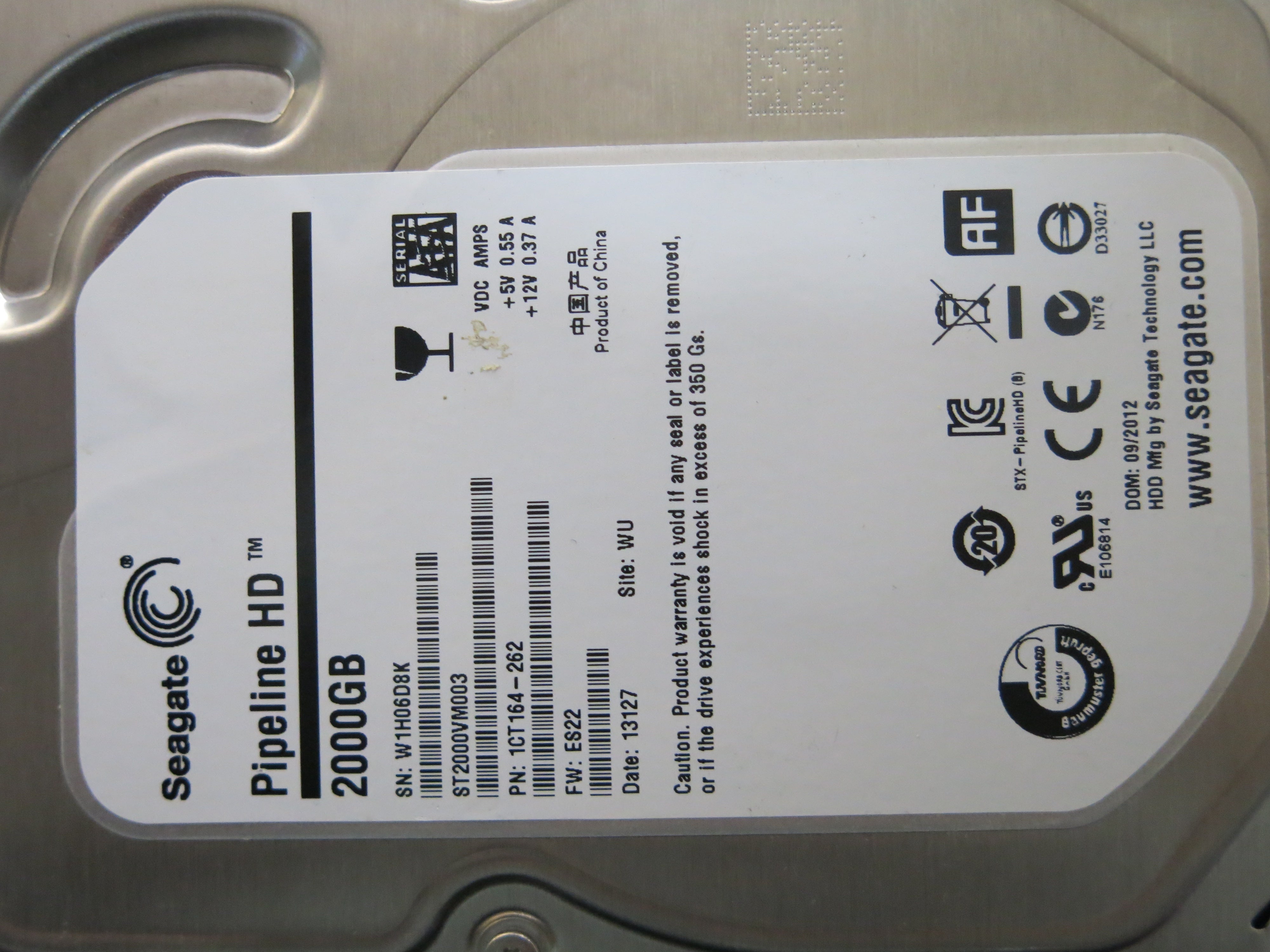ST2000VM003  PCB : 100687658 REV C SERIAL NUMBER : W1H06D8K FW:ES22 PN:1CT164-262 2.TB