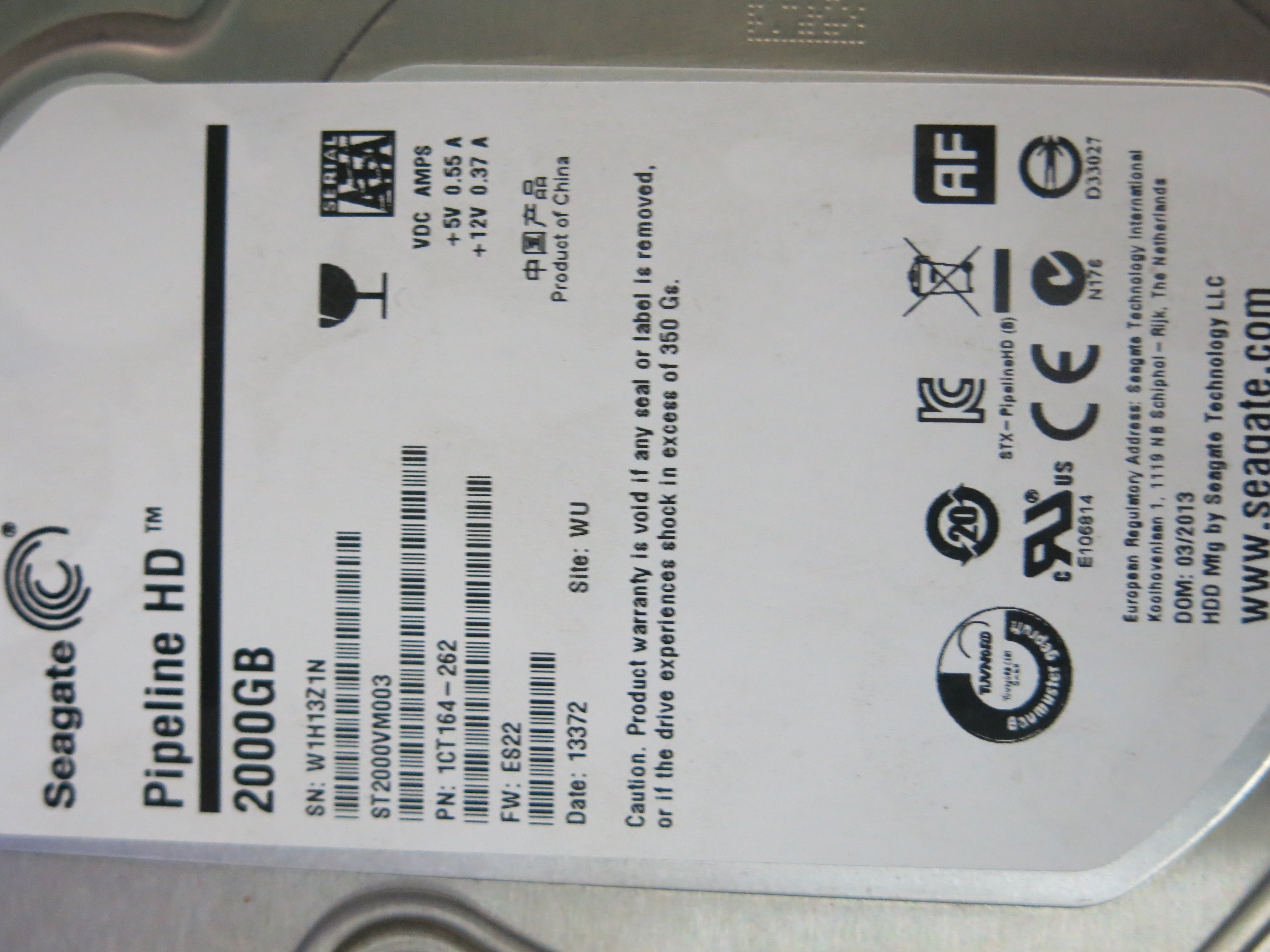 ST2000VM003 PCB : 100687658 REV C SERIAL NUMBER : W1H13Z1N PN:1CT164-262 FW:ES22 2.TB