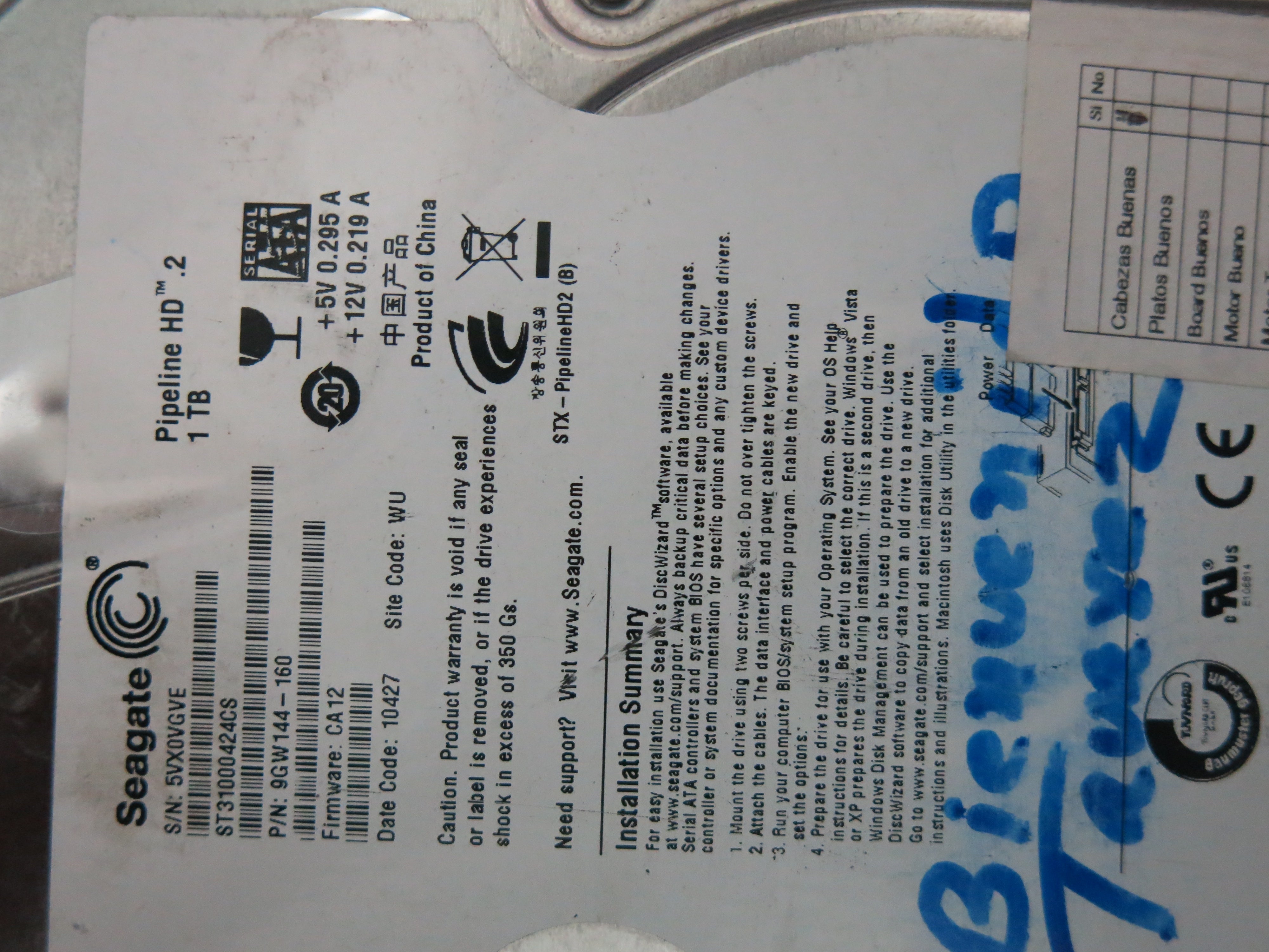 MODEL :ST31000424CS PCB : 100535547 REV A SERIAL NUMBER : 5VX0VGVE