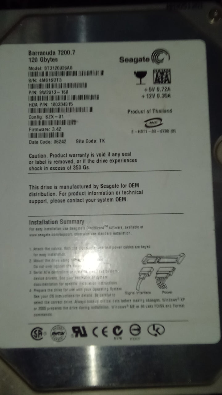 ST3120026AS PCB : 100331799 SERIAL NUMBER : 4MS1SDT3 PN:4MS1SDT3 FW:3.42 120GB