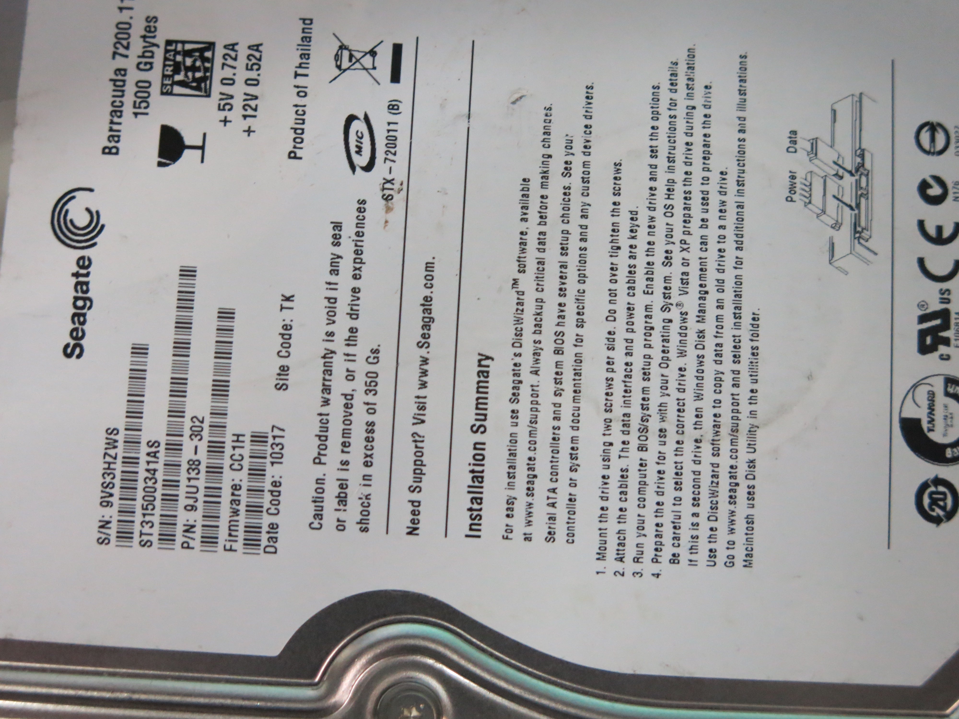 ST31500341AS PCB : 100530756 SERIAL NUMBER : 9VS3HZWS FW:CC1H PN:9JU138-302 1500GB