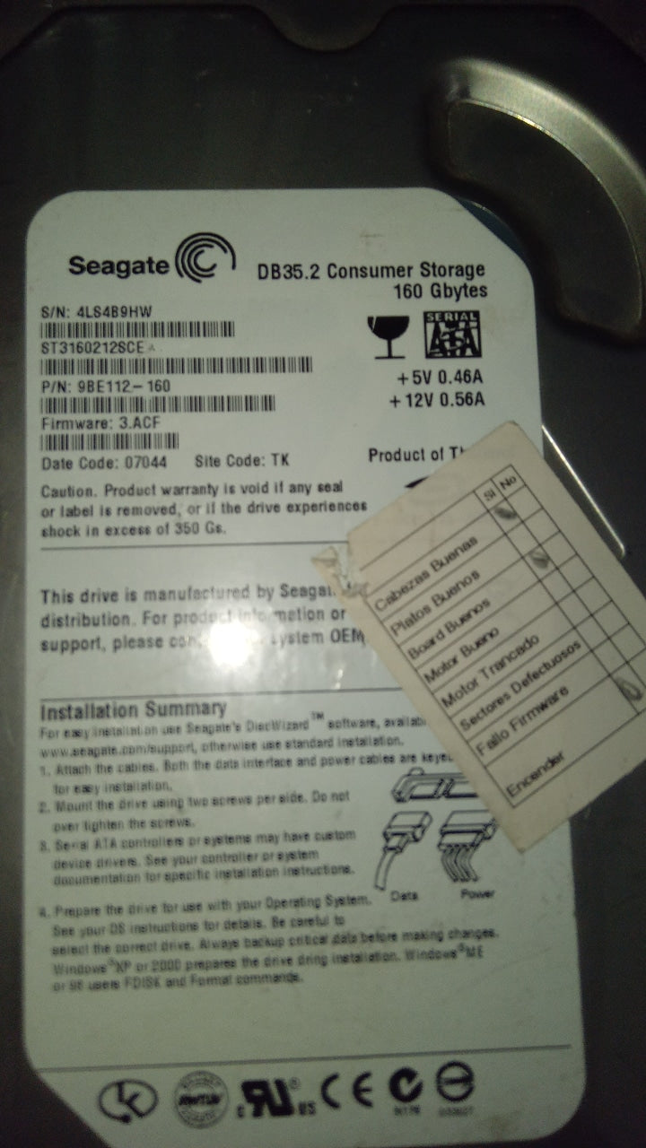 ST3160212SCE PCB : 1003724435 SERIAL NUMBER : 4LS4B9HW PN:9BE112-160 FW:3.ACF 160GB
