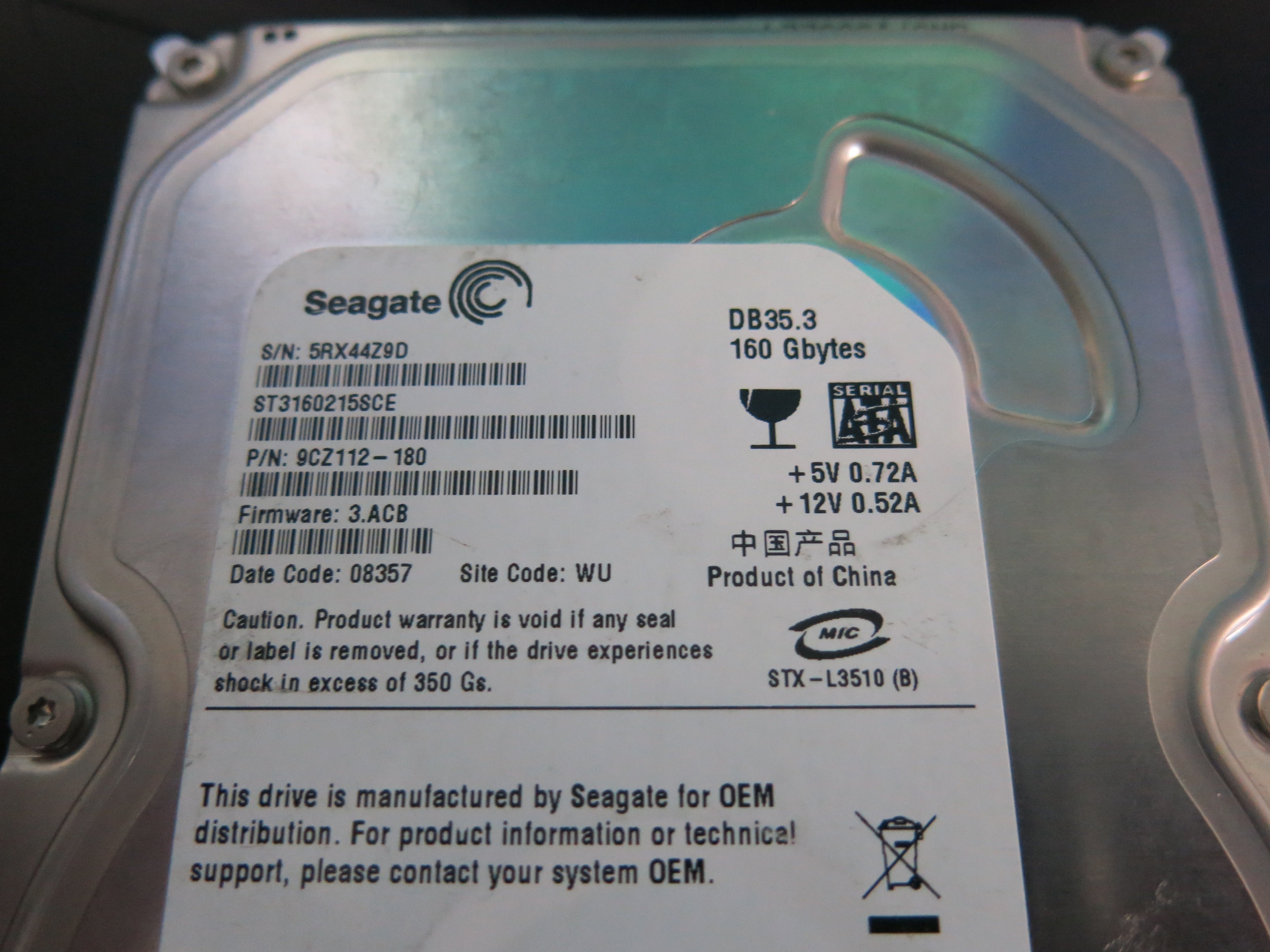 ST3160215SCE PCB : 100422559 REV C SERIAL NUMBER : 5RX44Z9D FW:3.ACB PN:9CZ112-180 160GB