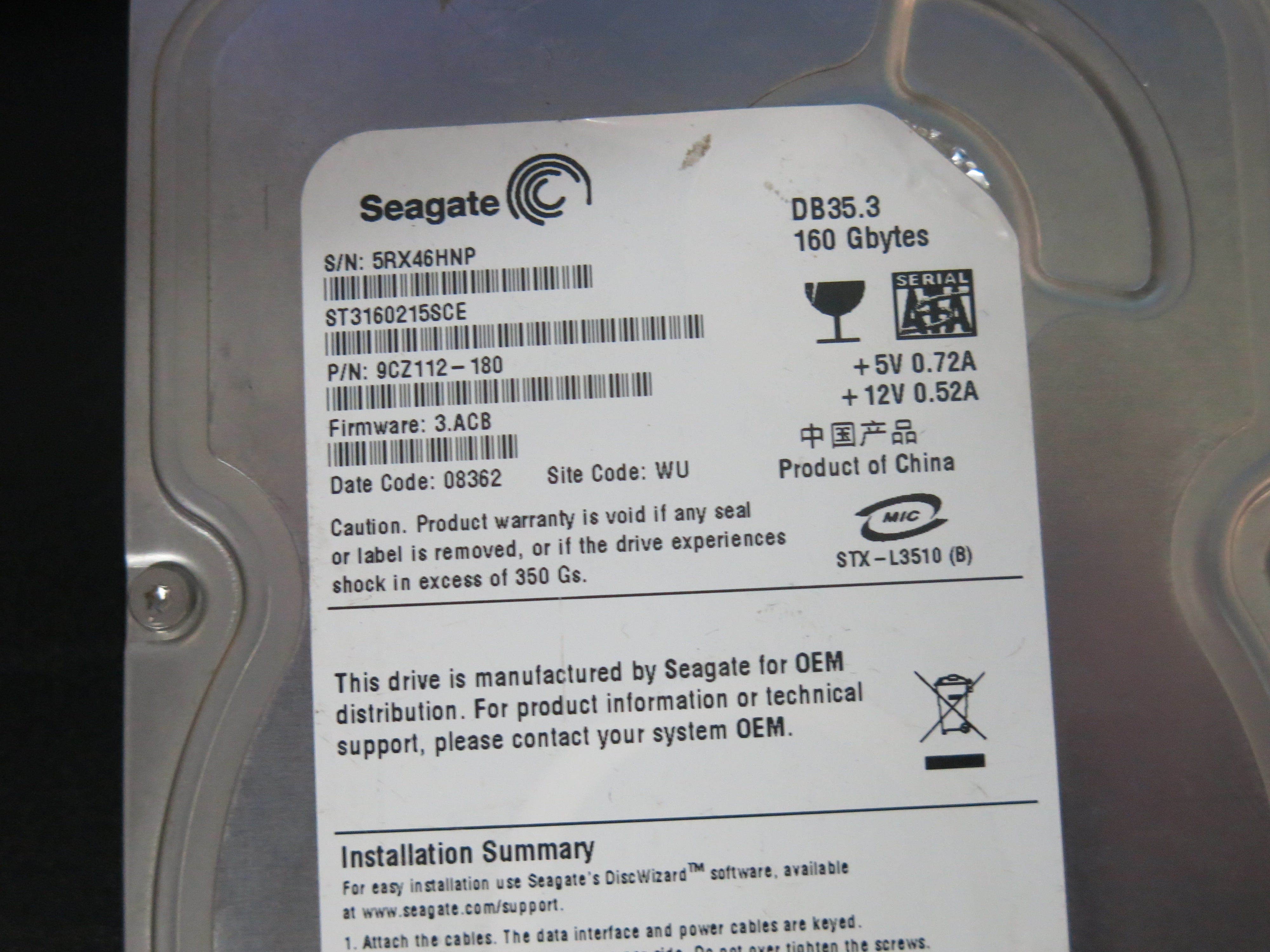 MODEL : ST3160215SCE PCB : 100422559 REV C SERIAL NUMBER : 5RX46HNP