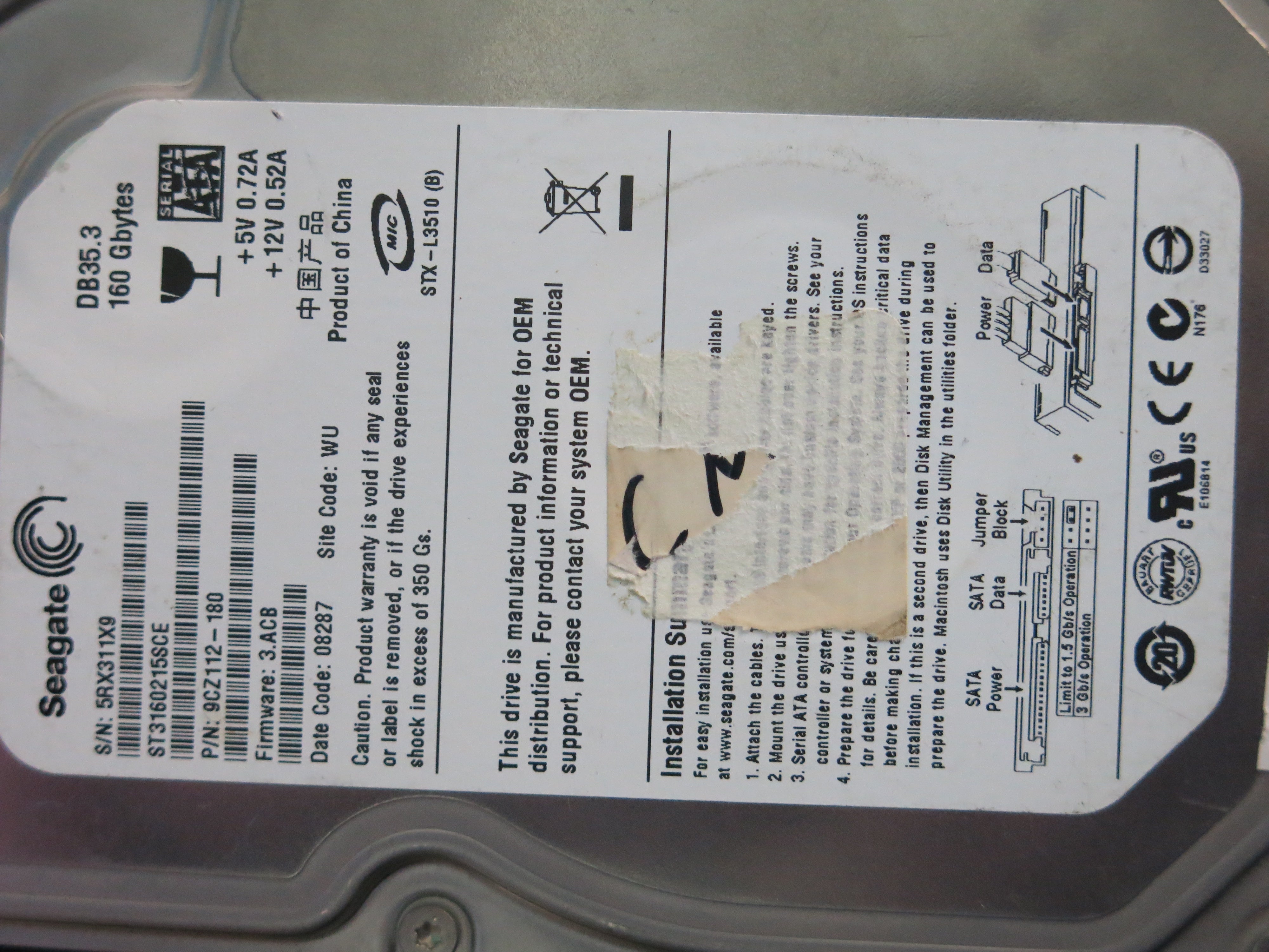 ST3160215SCE,  Serial:5RX311X9,  160GB 3.5,  PCB:100422559- REV C