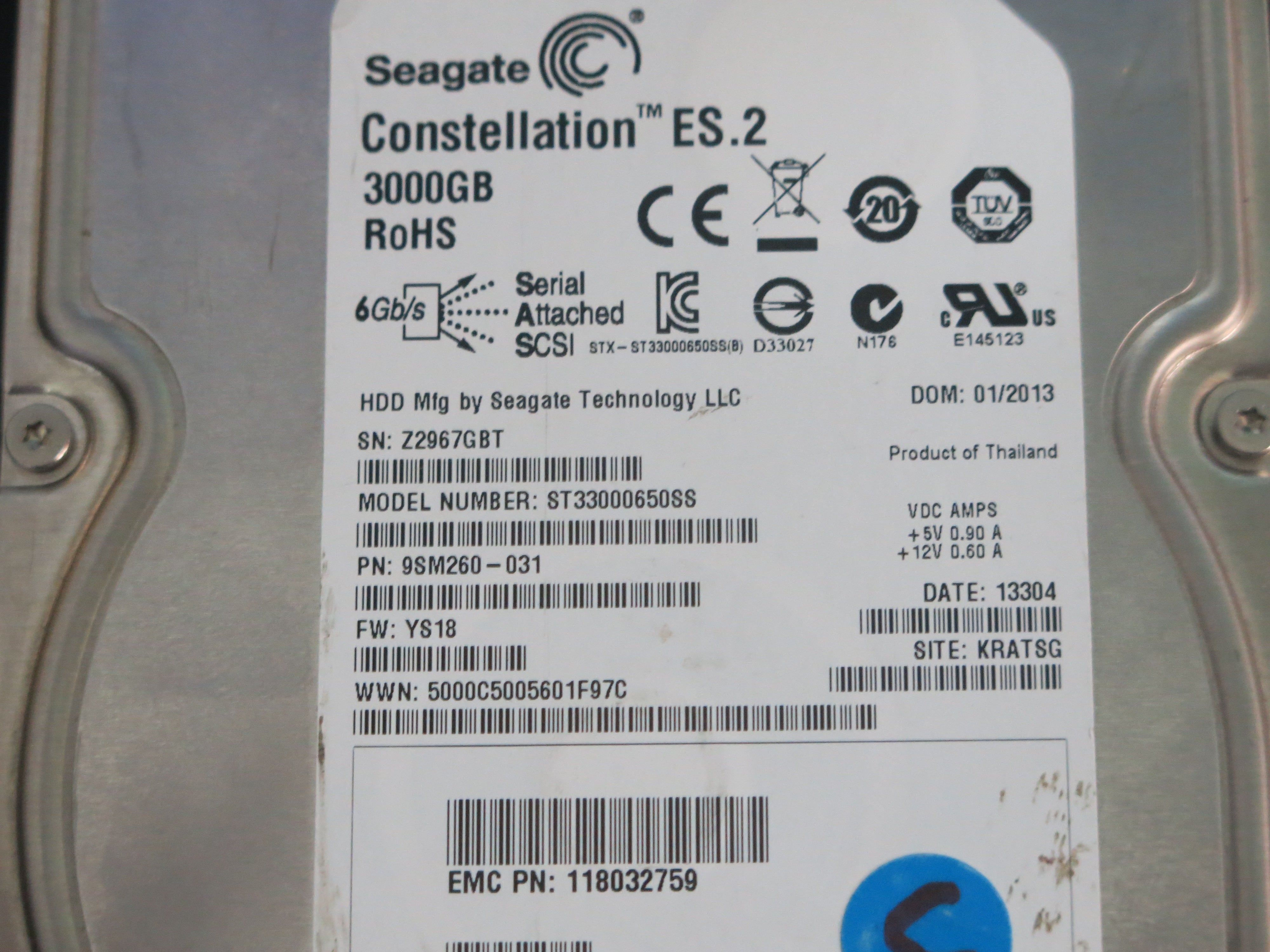 ST33000650SS PCB : 100608305 SERIAL NUMBER : Z2967GNT PN:9SM260-031 FW:YS18 3.TB