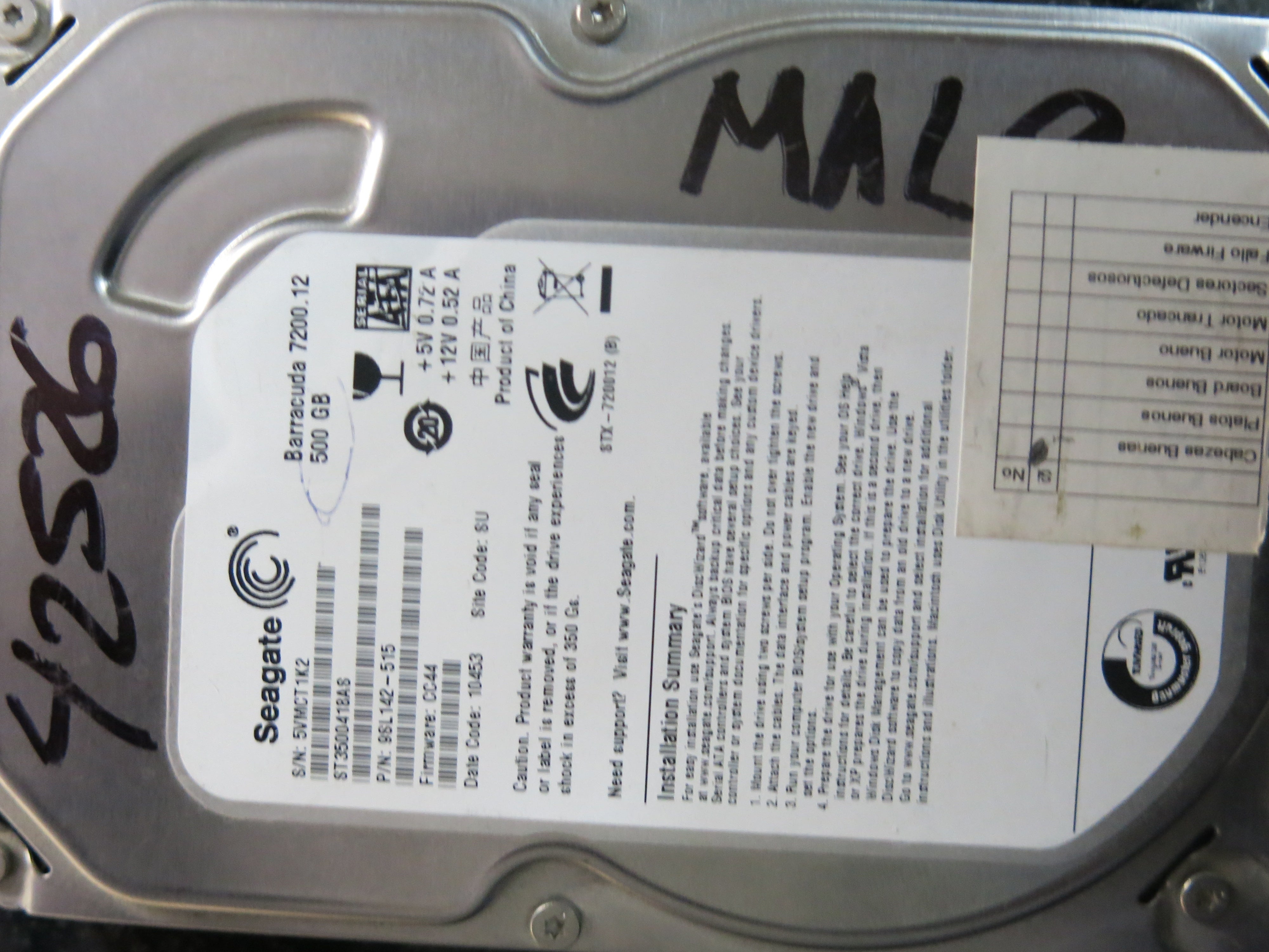 ST3500418AS PCB : 100535704 REV B SERIAL NUMBER : 5VMCT1K2FW:CC44 PN:9SL142-515 500GB