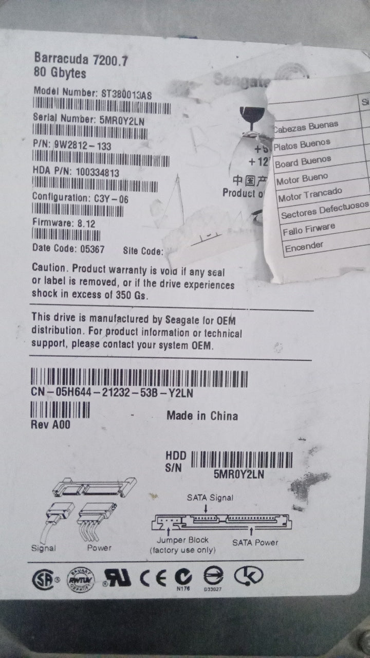 MODEL :  ST380013AS PCB : 100331799 SERIAL NUMBER : 5MR0Y2LN